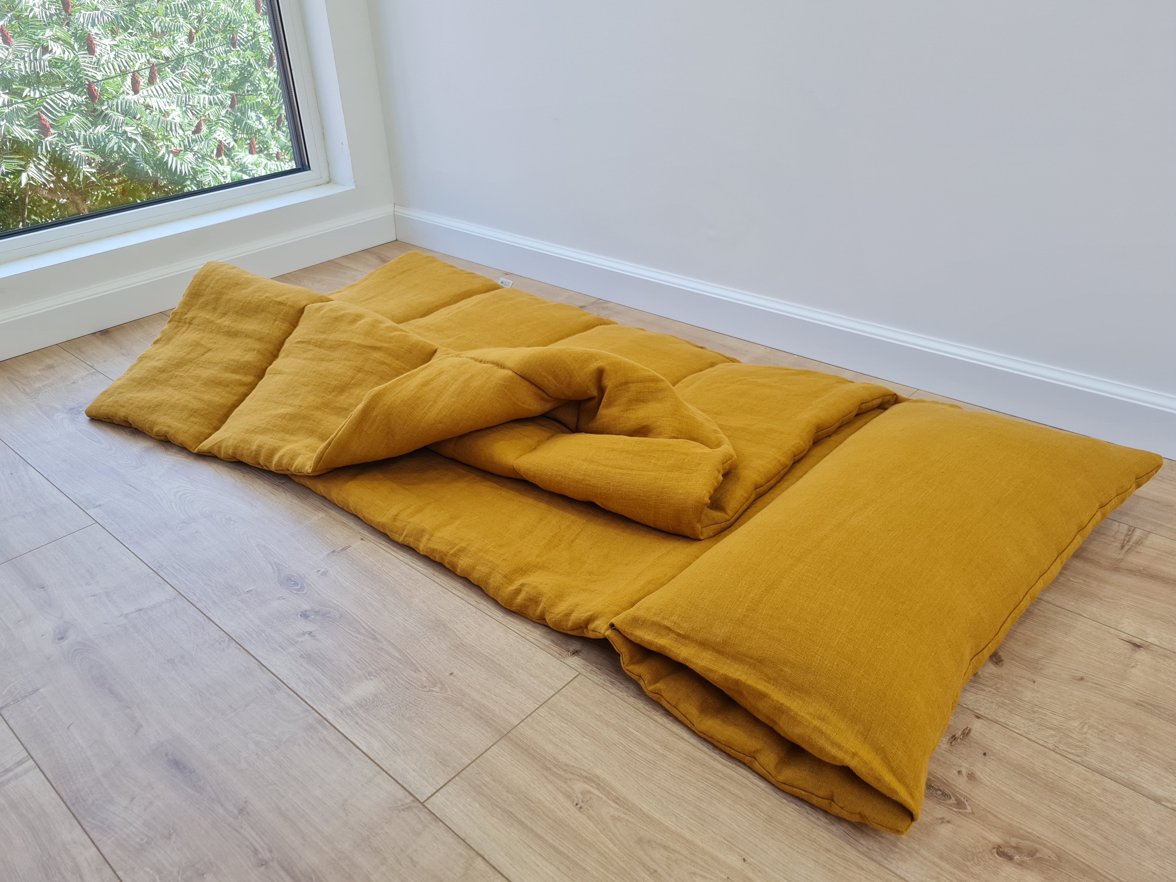 Kindergarten Hemp Linen Sleeping Bag with Pillow School Nap Mat Kids Organic Hemp Fiber Filling in mustard Linen Fabric hand made