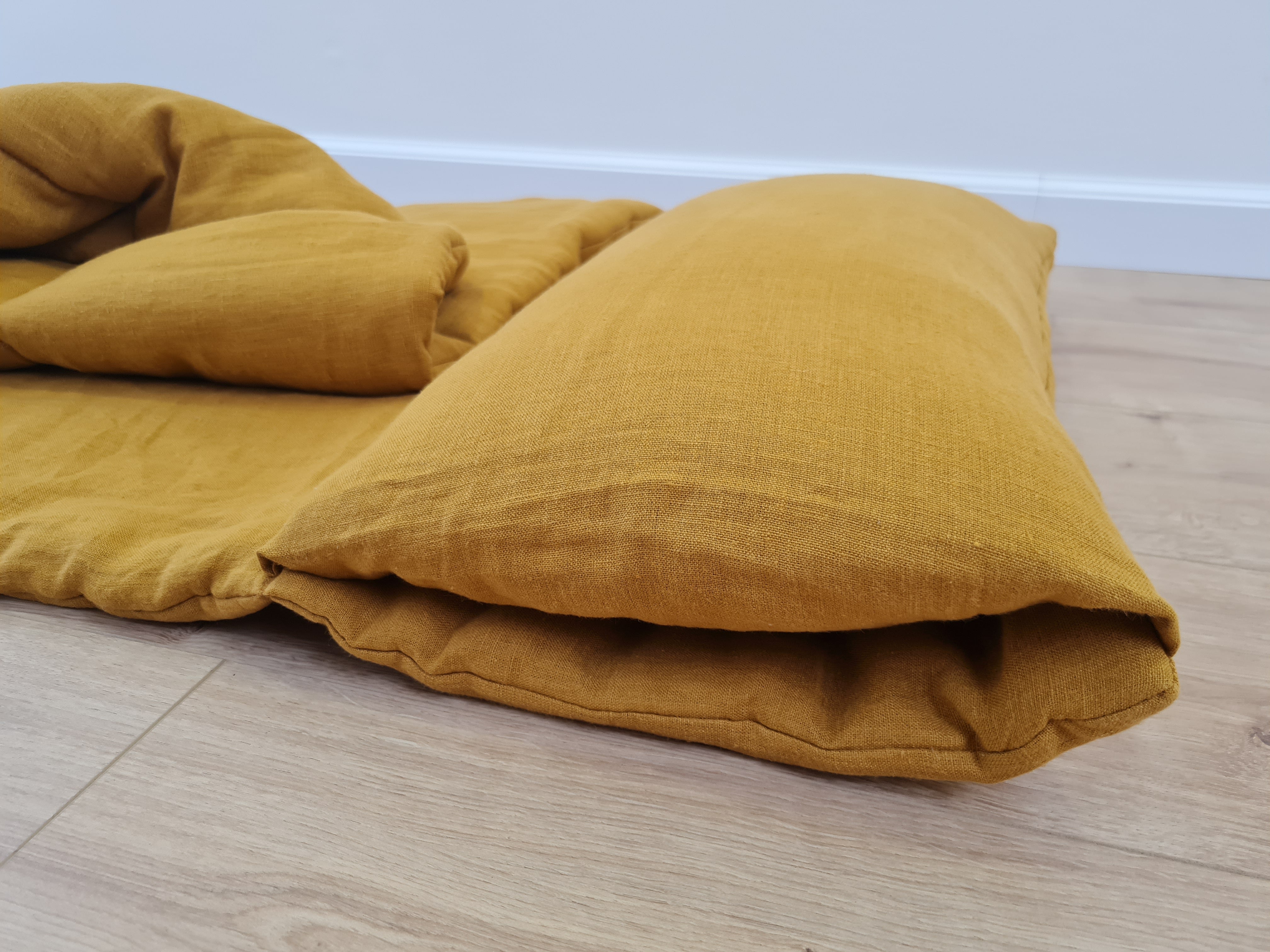 Kindergarten Hemp Linen Sleeping Bag with Pillow School Nap Mat Kids Organic Hemp Fiber Filling in mustard Linen Fabric hand made