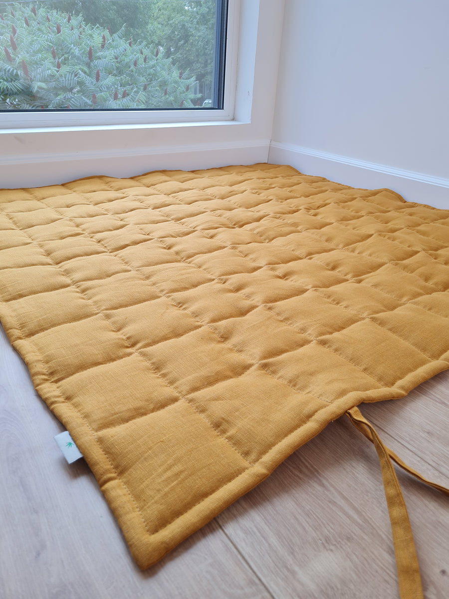 Organic Play mat filled HEMP Fiber mustard / gold linen fabric Nursery Baby Blanket Blanky padded