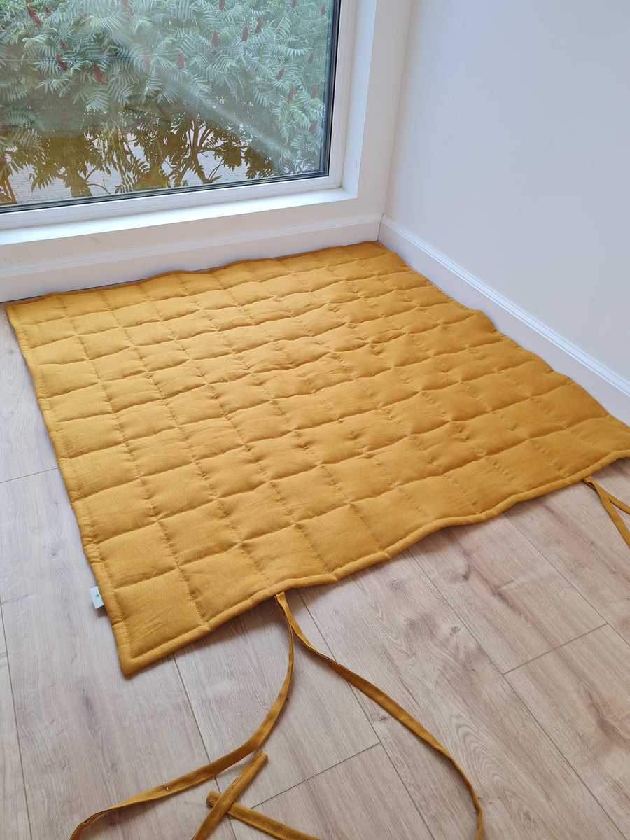 Organic Play mat filled HEMP Fiber mustard / gold linen fabric Nursery Baby Blanket Blanky padded