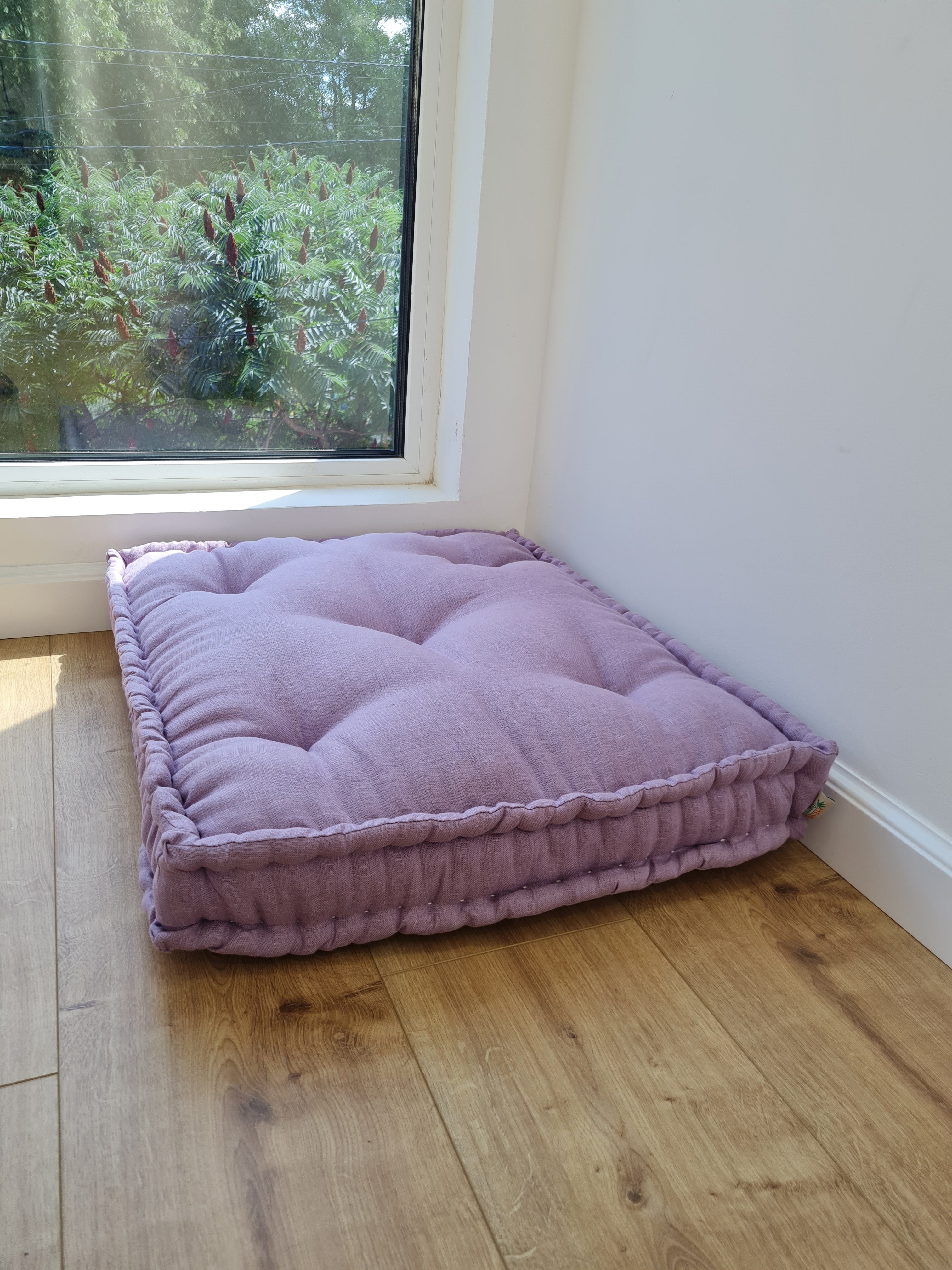 Hemp Custom madeWindow Mudroom Floor bench cushion filled organic hemp fiber in natural lilac linen fabric unique all natural pillow