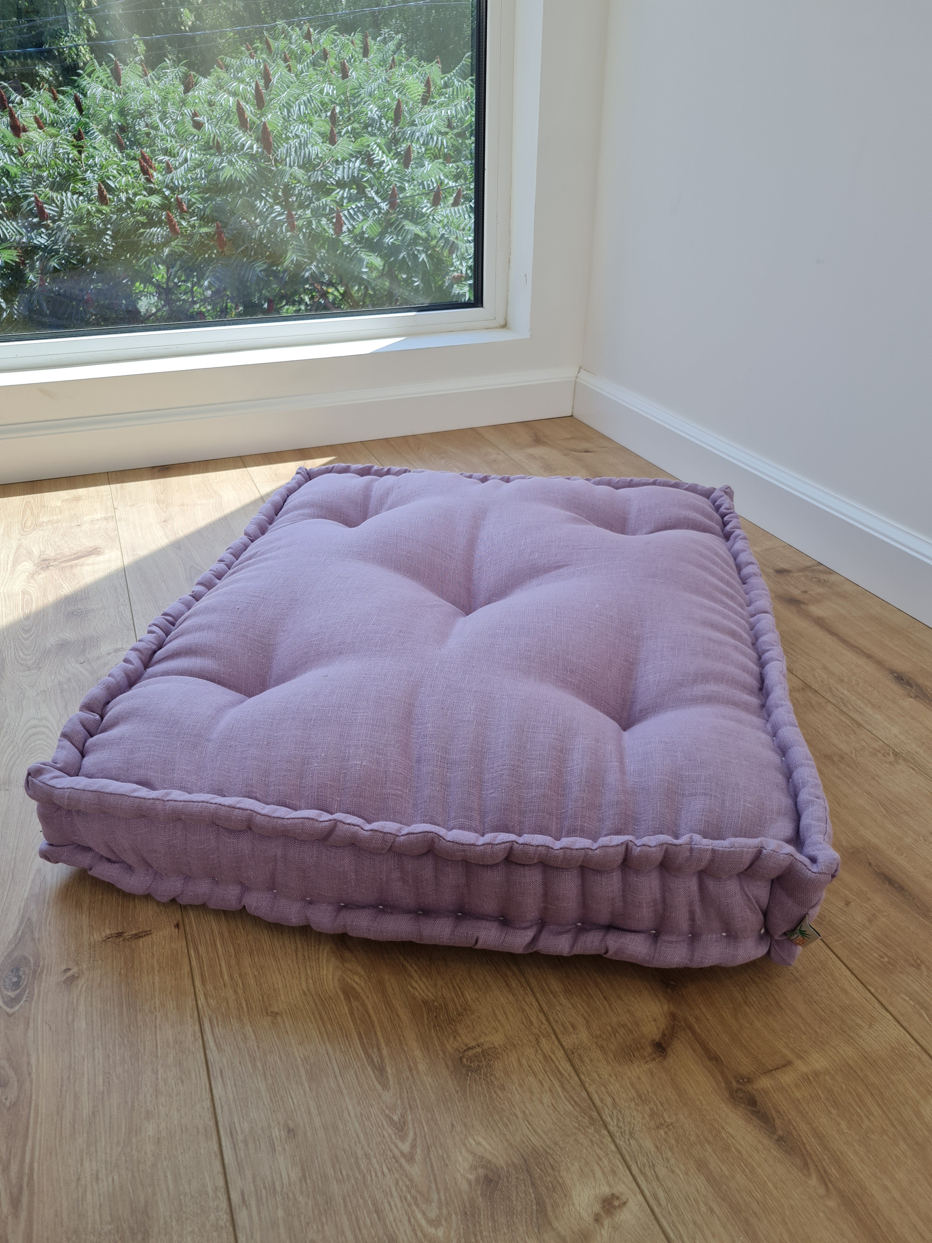 Hemp Custom madeWindow Mudroom Floor bench cushion filled organic hemp fiber in natural lilac linen fabric unique all natural pillow