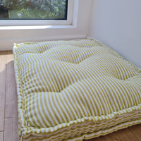 Hemp Custom made Window Mudroom Floor bench cushion "Yellow Stripes" filled organic hemp fiber in natural non-dyed linen fabric