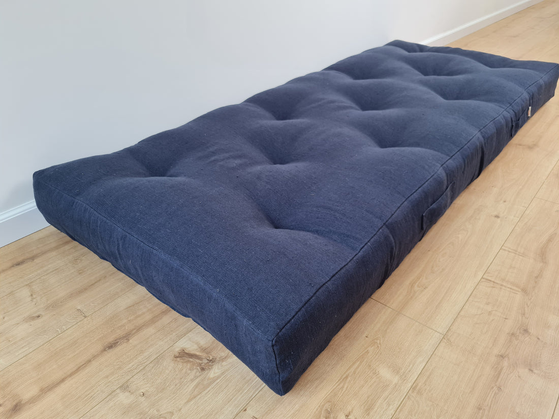 HEMP shikibuton 6” thick mat Shiki futon filled organic hemp fiber filler in natural dense dark blue linen fabric Custom Size Hand made