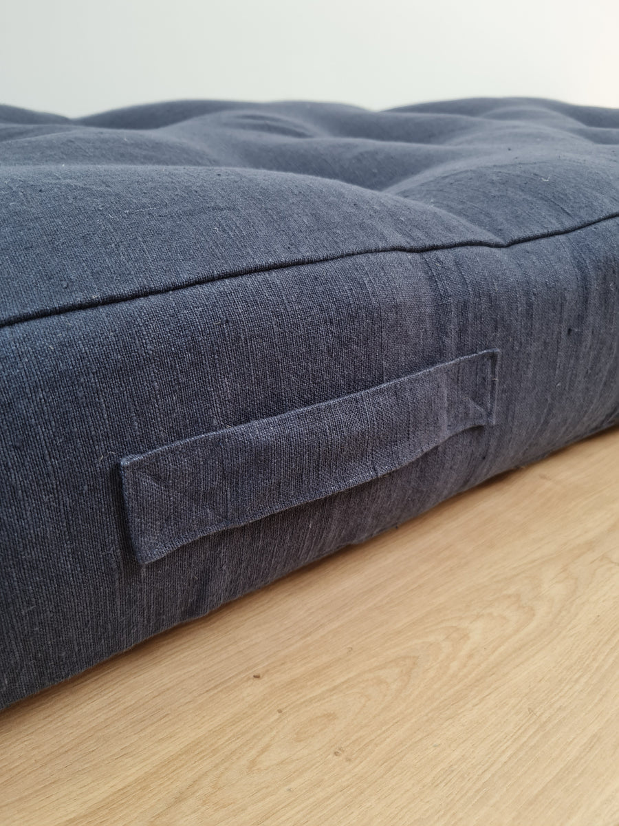 HEMP shikibuton 6” thick mat Shiki futon filled organic hemp fiber filler in natural dense dark blue linen fabric Custom Size Hand made