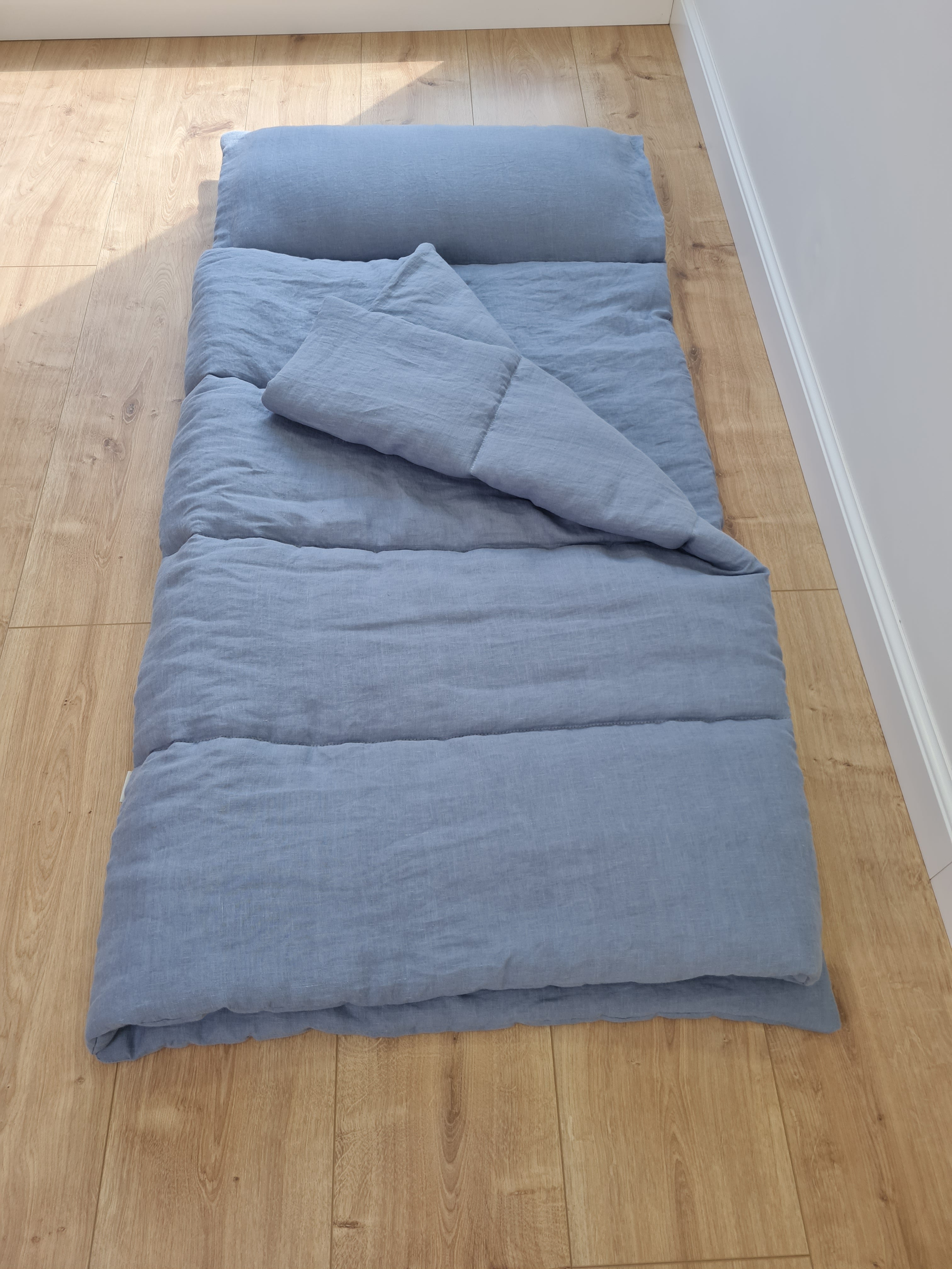 Kindergarten Hemp Linen Sleeping Bag with Pillow School Nap Mat Kids Organic Hemp Fiber Filling in light blue Linen Fabric, hand made
