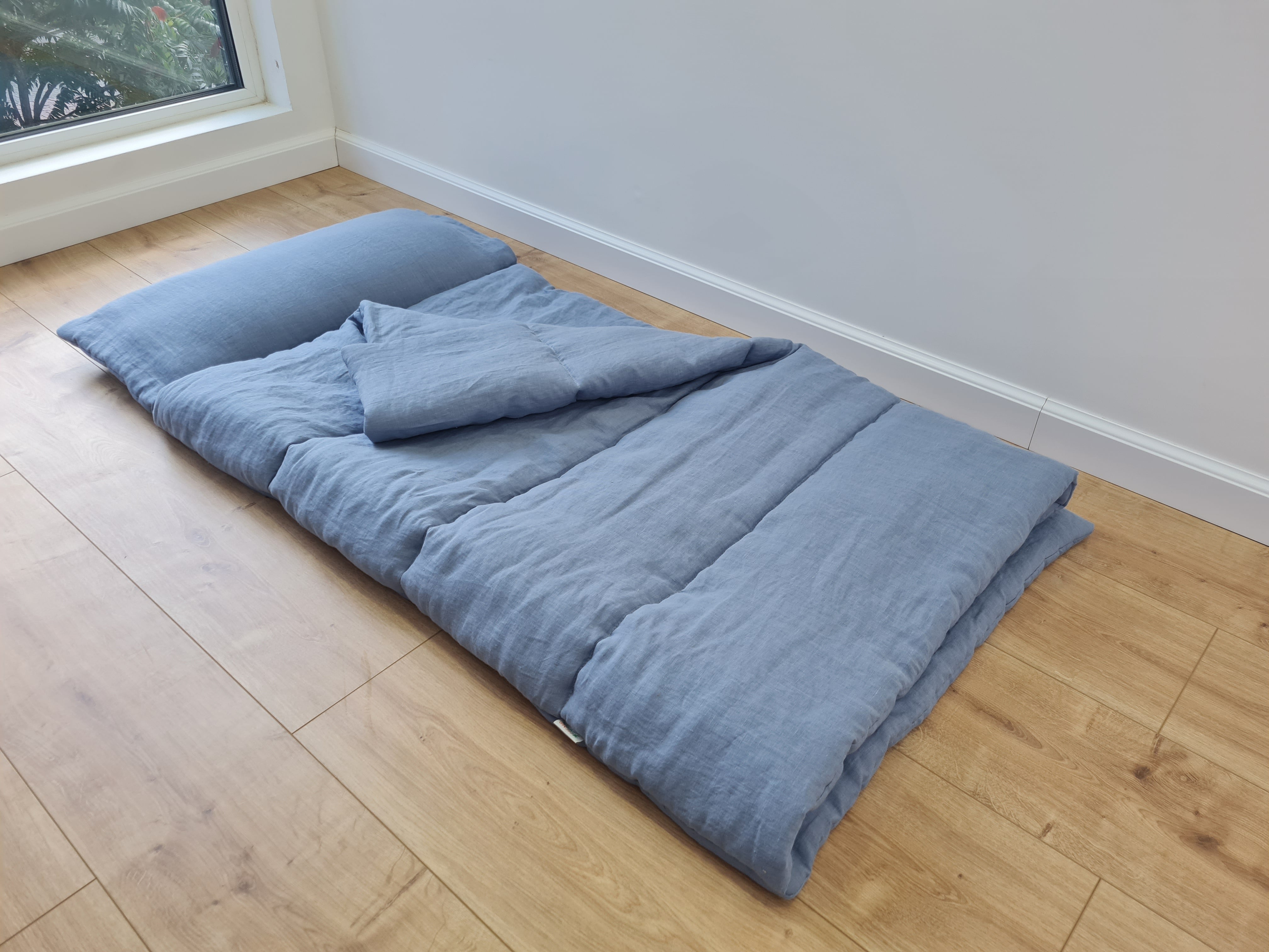 Kindergarten Hemp Linen Sleeping Bag with Pillow School Nap Mat Kids Organic Hemp Fiber Filling in light blue Linen Fabric, hand made