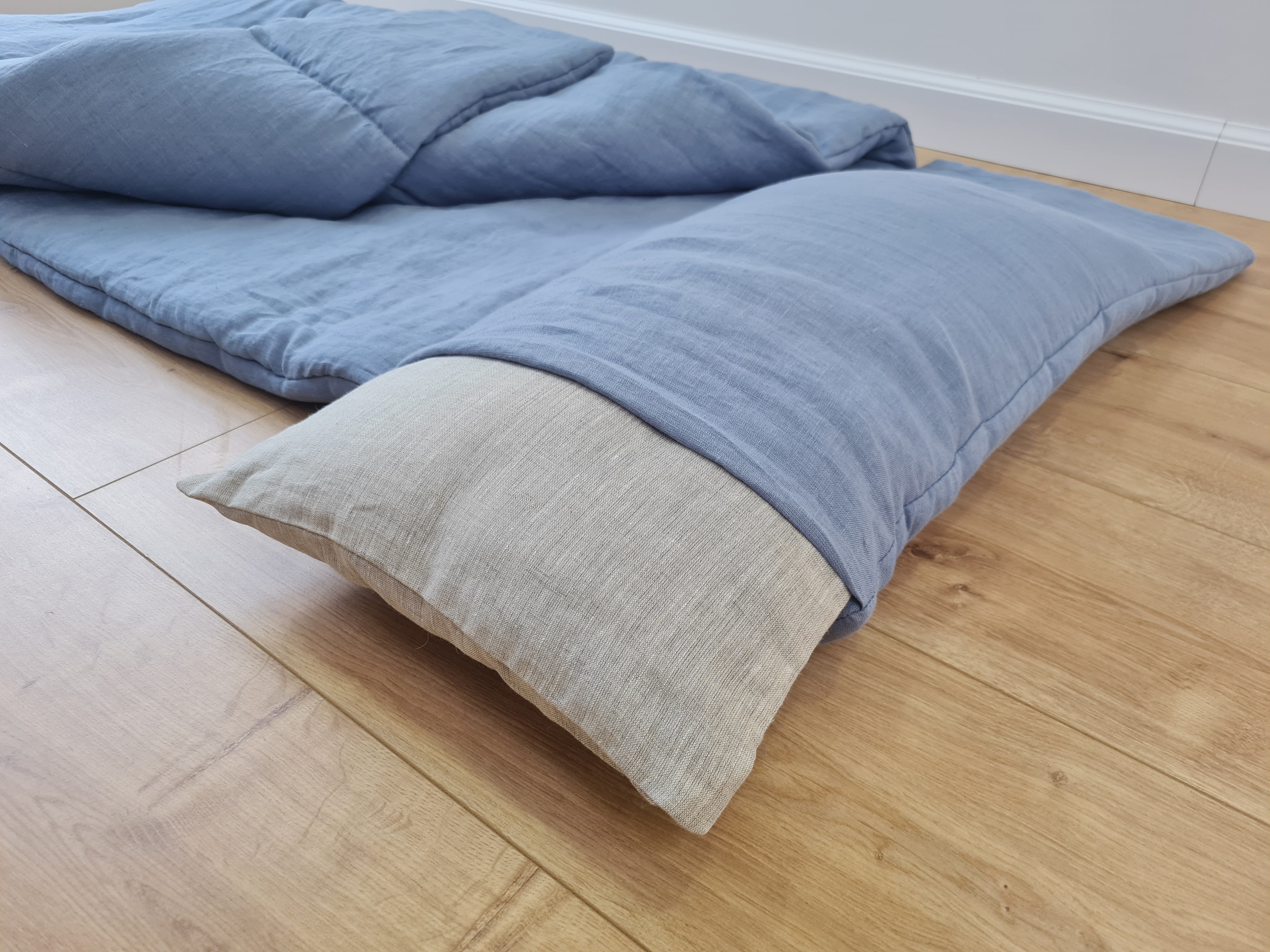 Kindergarten Hemp Linen Sleeping Bag with Pillow School Nap Mat Kids Organic Hemp Fiber Filling in light blue Linen Fabric, hand made