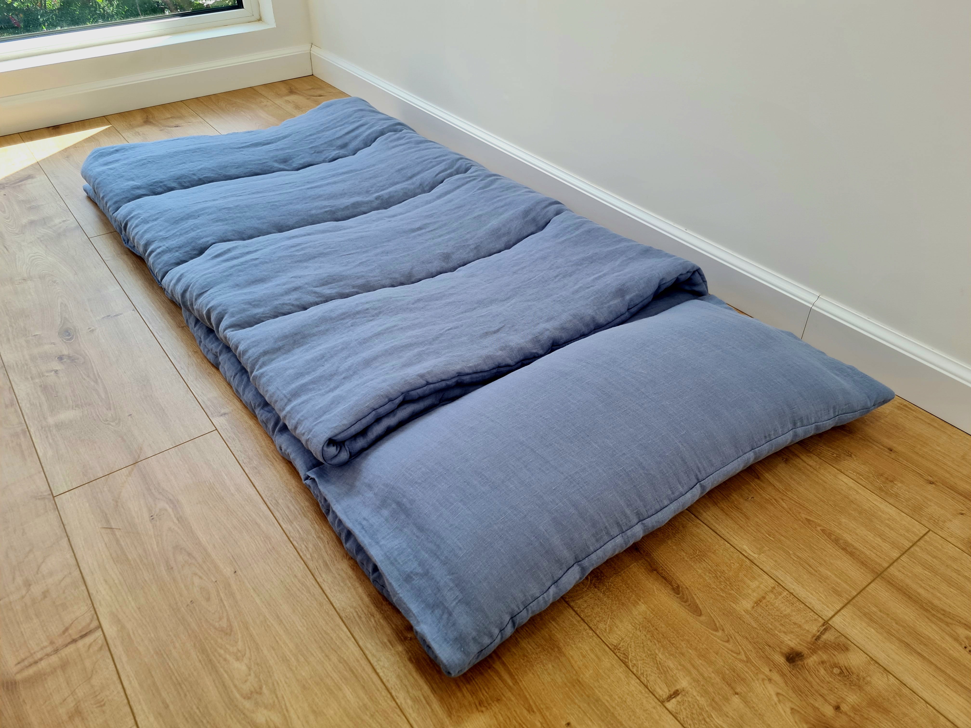 Kindergarten Hemp Linen Sleeping Bag with Pillow School Nap Mat Kids Organic Hemp Fiber Filling in light blue Linen Fabric, hand made