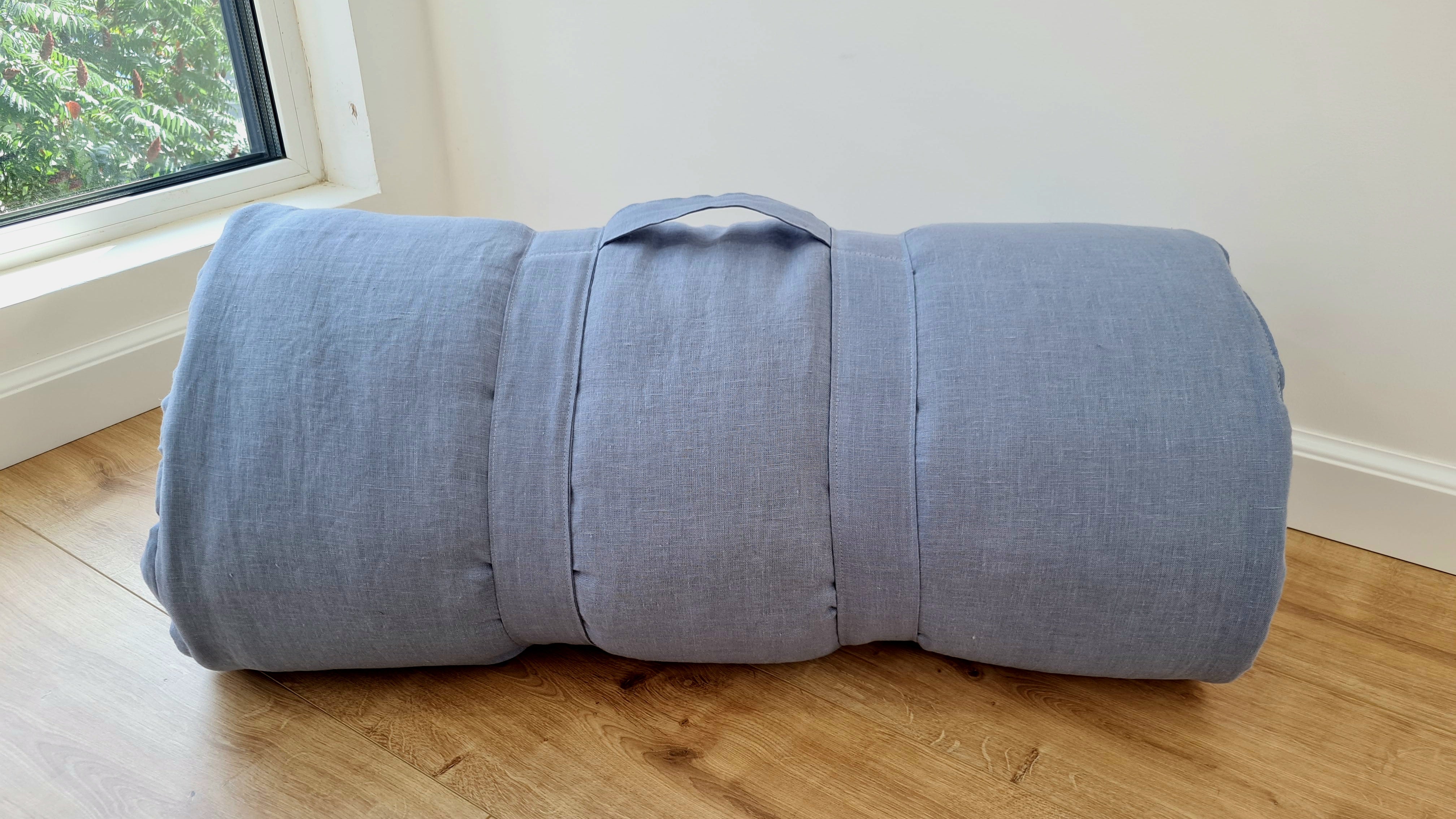 Kindergarten Hemp Linen Sleeping Bag with Pillow School Nap Mat Kids Organic Hemp Fiber Filling in light blue Linen Fabric, hand made
