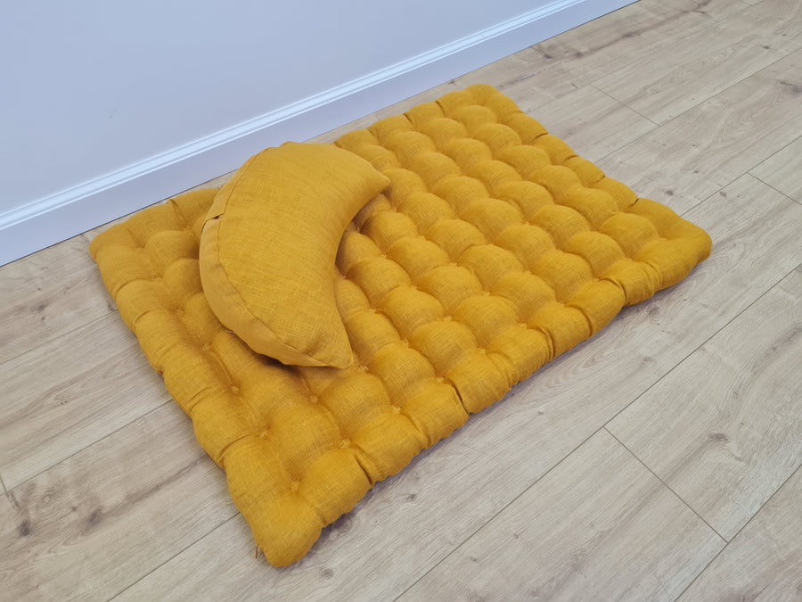 Set of linen meditation mustard Cresсent cushion + mat floor cushion 23" x 35" filled with buckwheat hulls