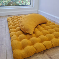 Set of linen meditation mustard Cresсent cushion + mat floor cushion 23" x 35" filled with buckwheat hulls
