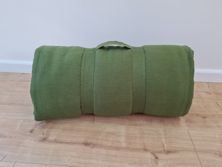 Kindergarten Hemp Linen Sleeping Bag with Pillow School Nap Mat Kids Organic Hemp Fiber Filling in green Linen Fabric blanket, hand made
