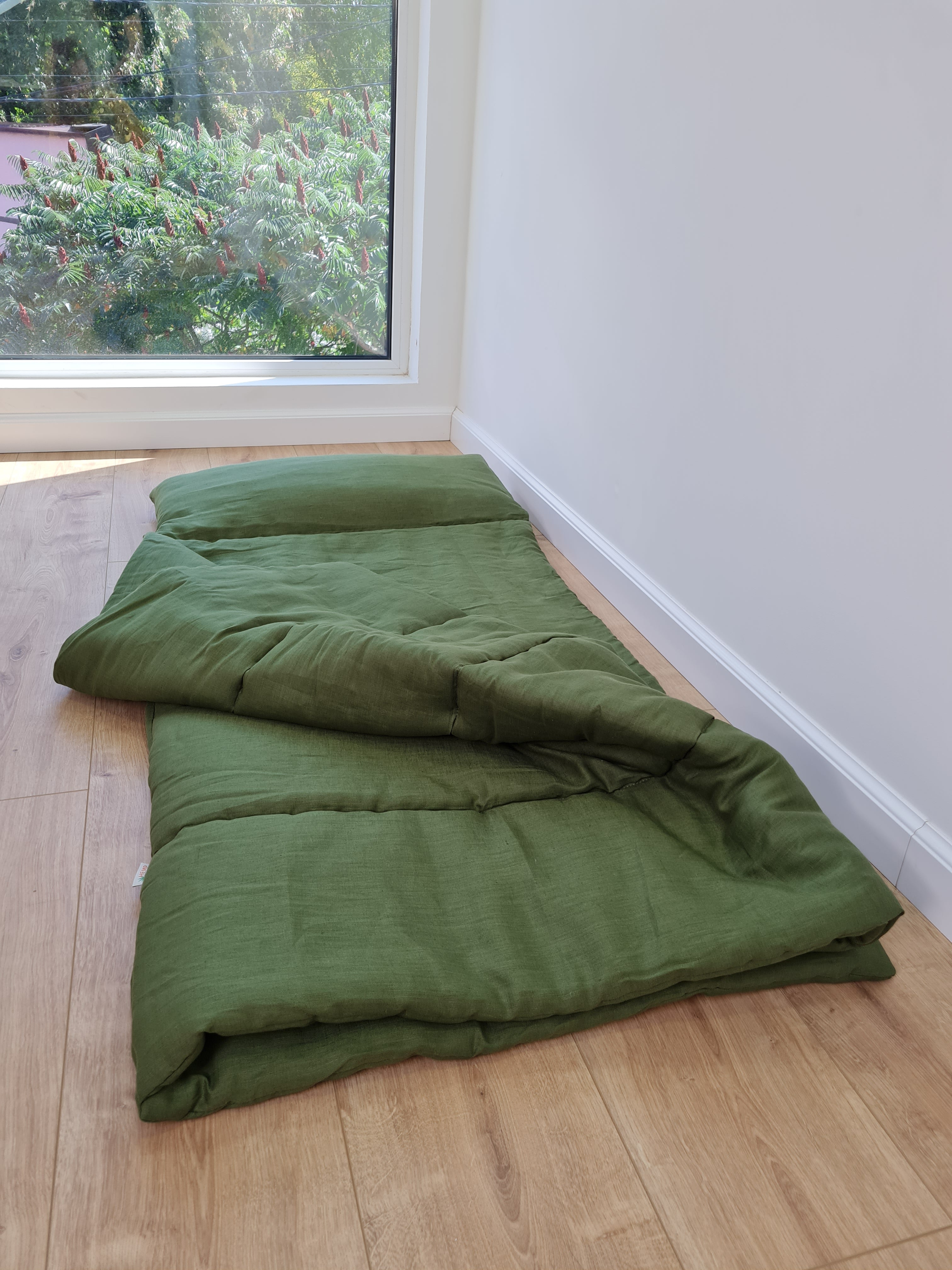 Kindergarten Hemp Linen Sleeping Bag with Pillow School Nap Mat Kids Organic Hemp Fiber Filling in green Linen Fabric blanket, hand made
