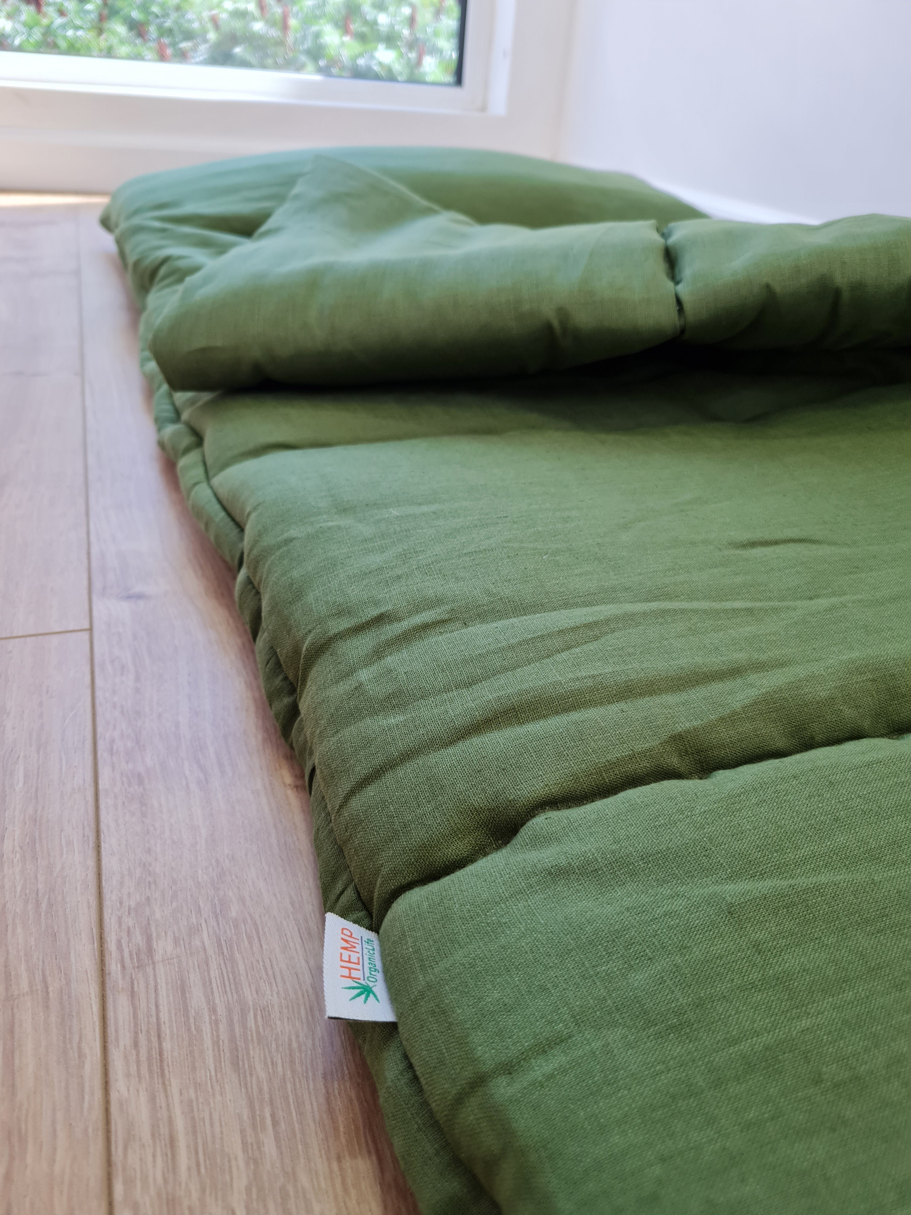 Kindergarten Hemp Linen Sleeping Bag with Pillow School Nap Mat Kids Organic Hemp Fiber Filling in green Linen Fabric blanket, hand made
