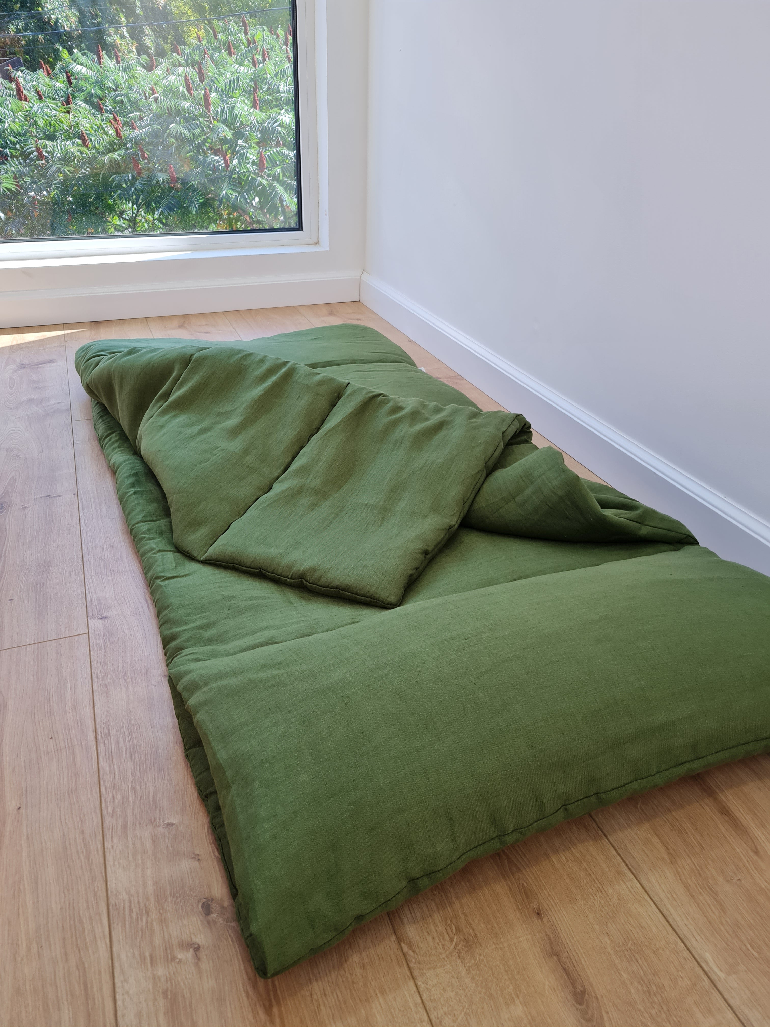 Kindergarten Hemp Linen Sleeping Bag with Pillow School Nap Mat Kids Organic Hemp Fiber Filling in green Linen Fabric blanket, hand made