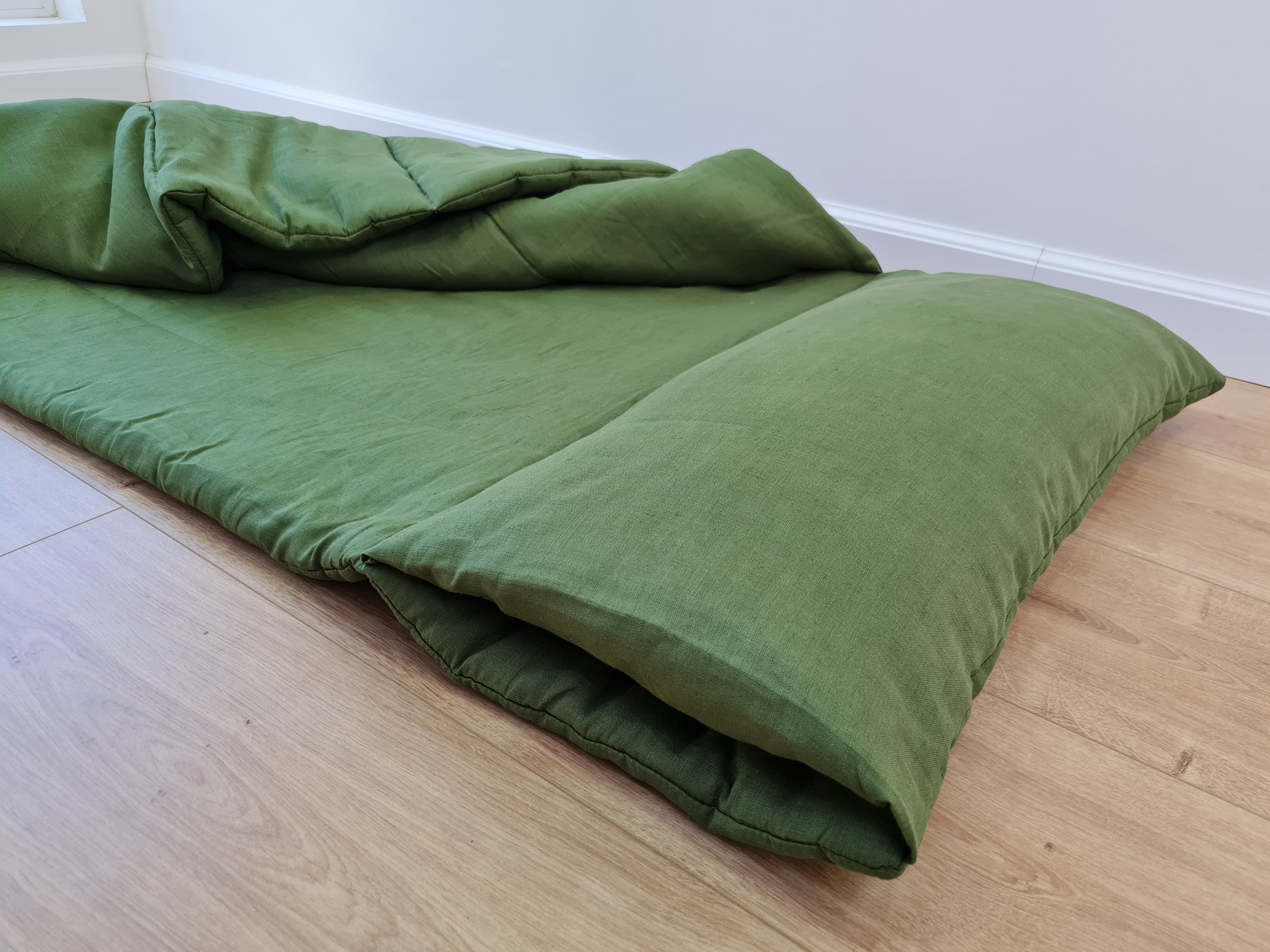 Kindergarten Hemp Linen Sleeping Bag with Pillow School Nap Mat Kids Organic Hemp Fiber Filling in green Linen Fabric blanket, hand made