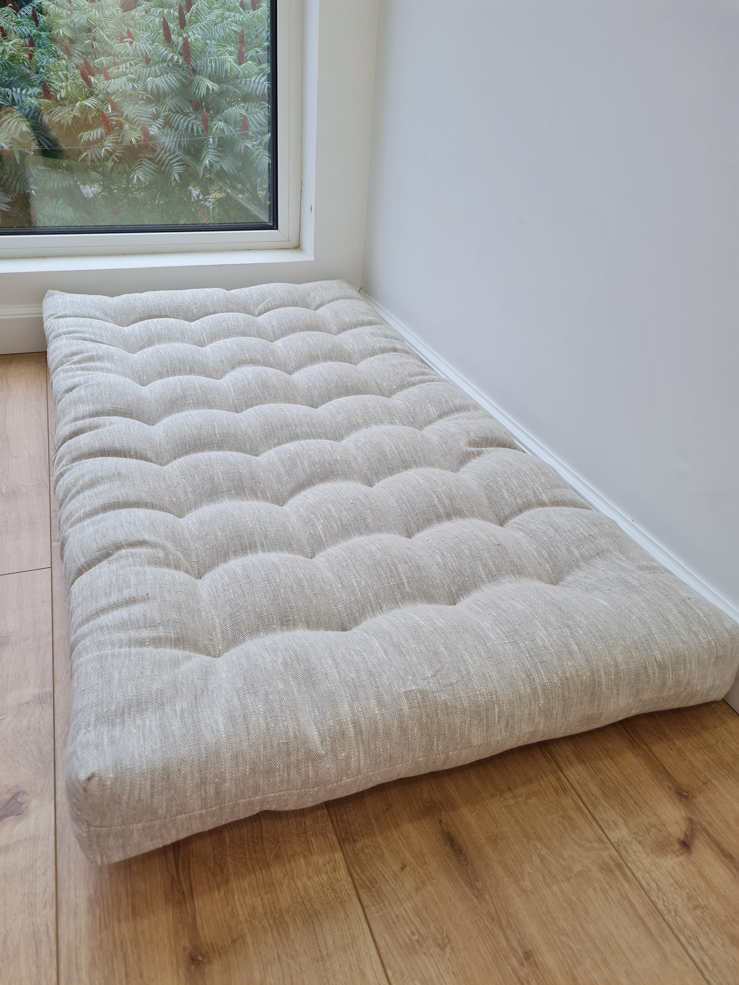 Hemp Linen cushion mat with organic hemp fiber filling in natural non dyed linen fabric window bench cushion custom made