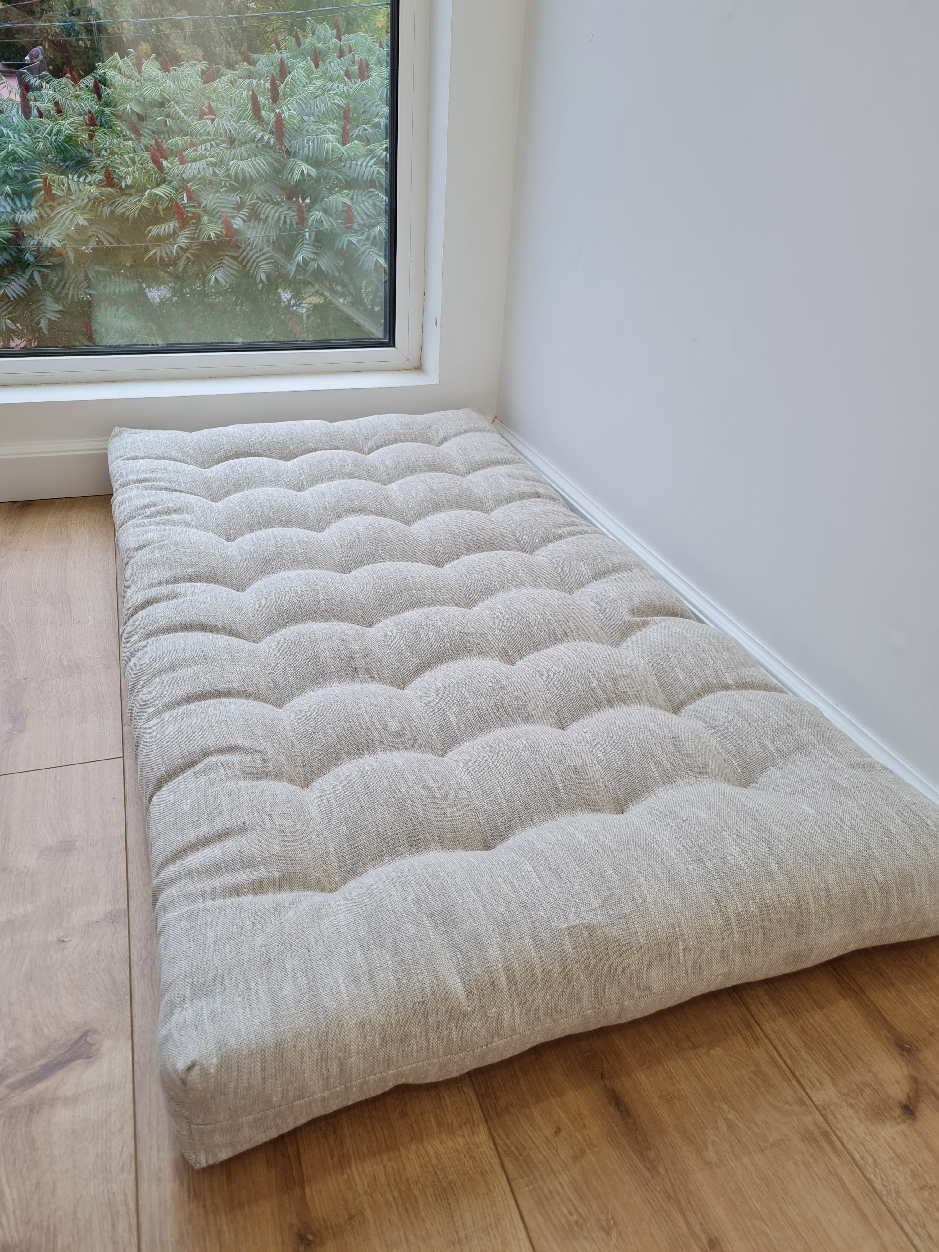 Hemp Linen cushion mat with organic hemp fiber filling in natural non dyed linen fabric window bench cushion custom made