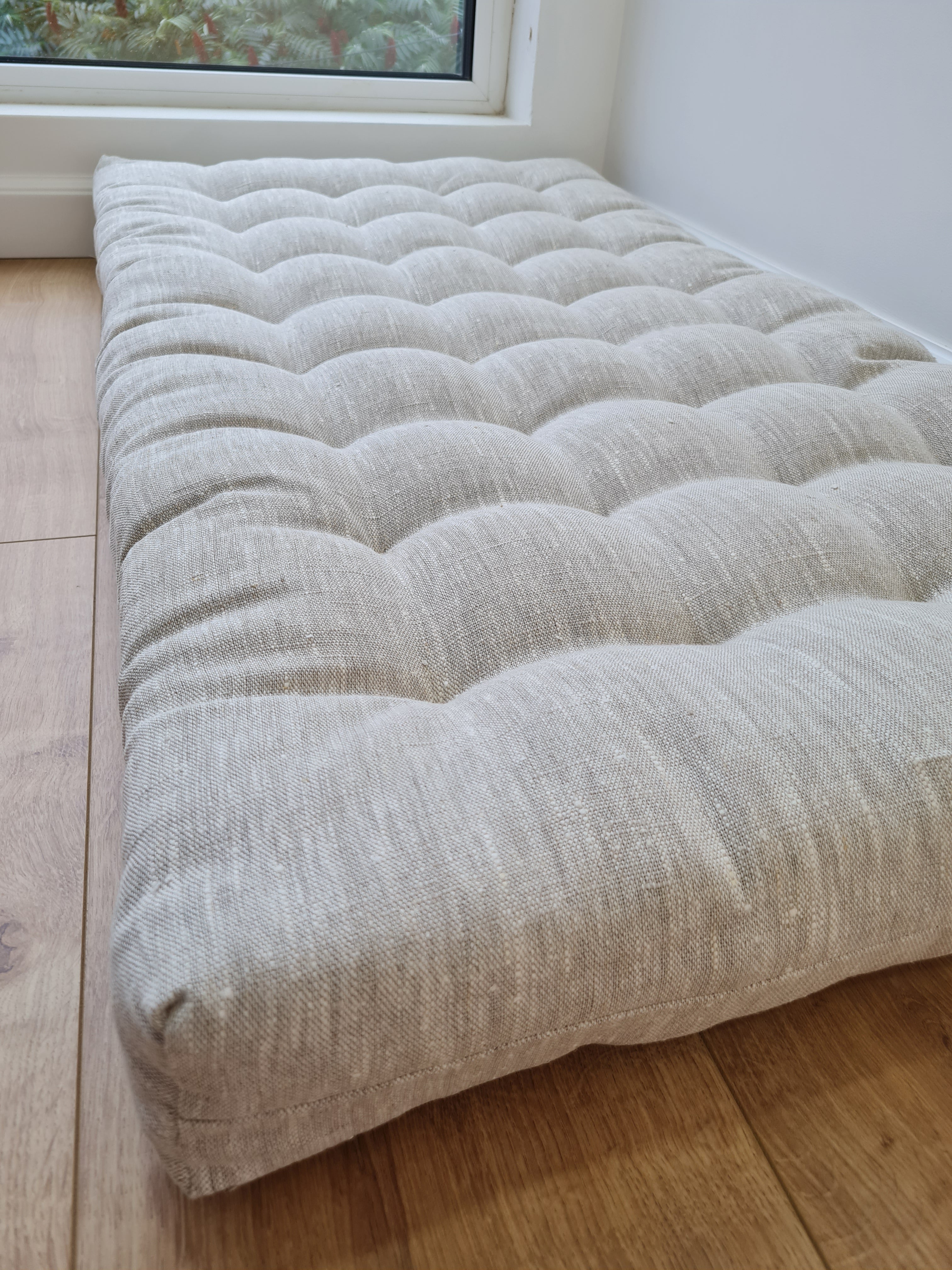 Hemp Linen cushion mat with organic hemp fiber filling in natural non dyed linen fabric window bench cushion custom made