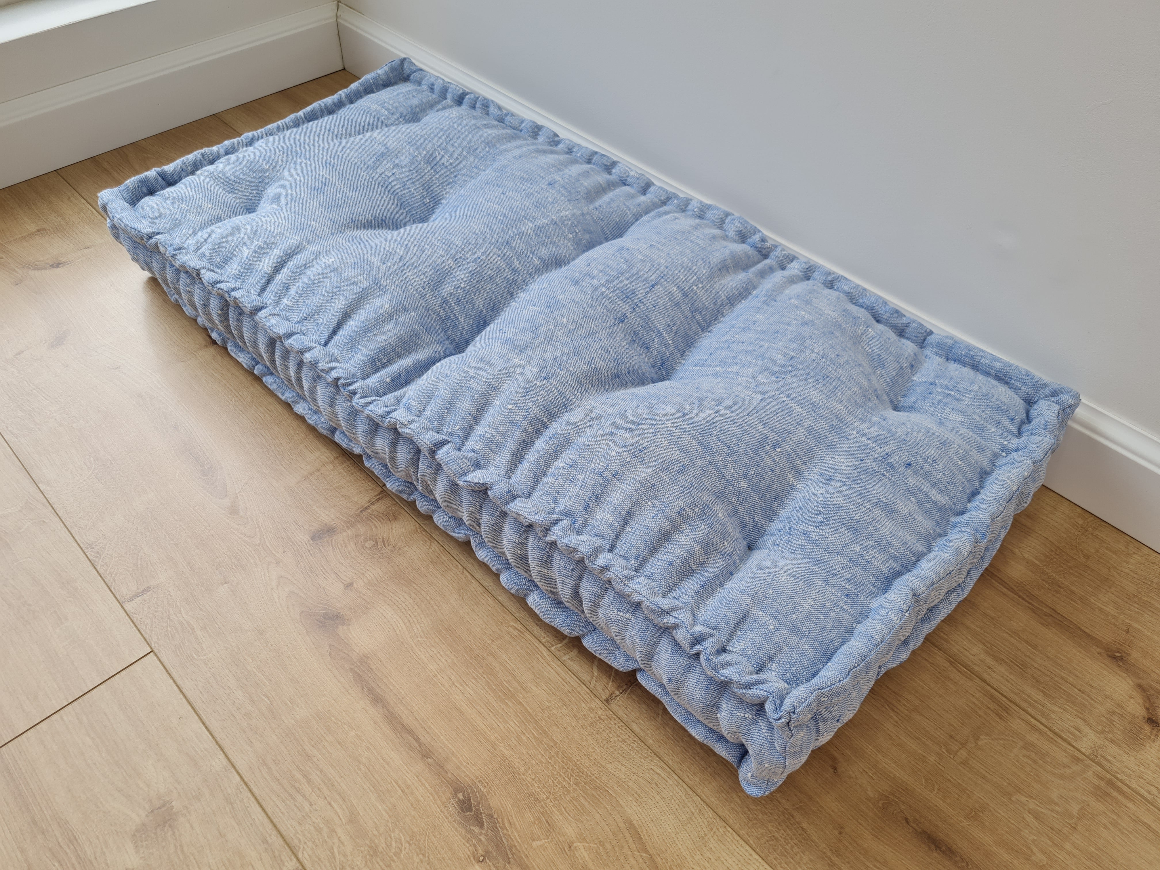 Hemp Custom madeWindow Mudroom Floor bench cushion filled organic hemp fiber in natural light blue linen fabric unique all natural pillow