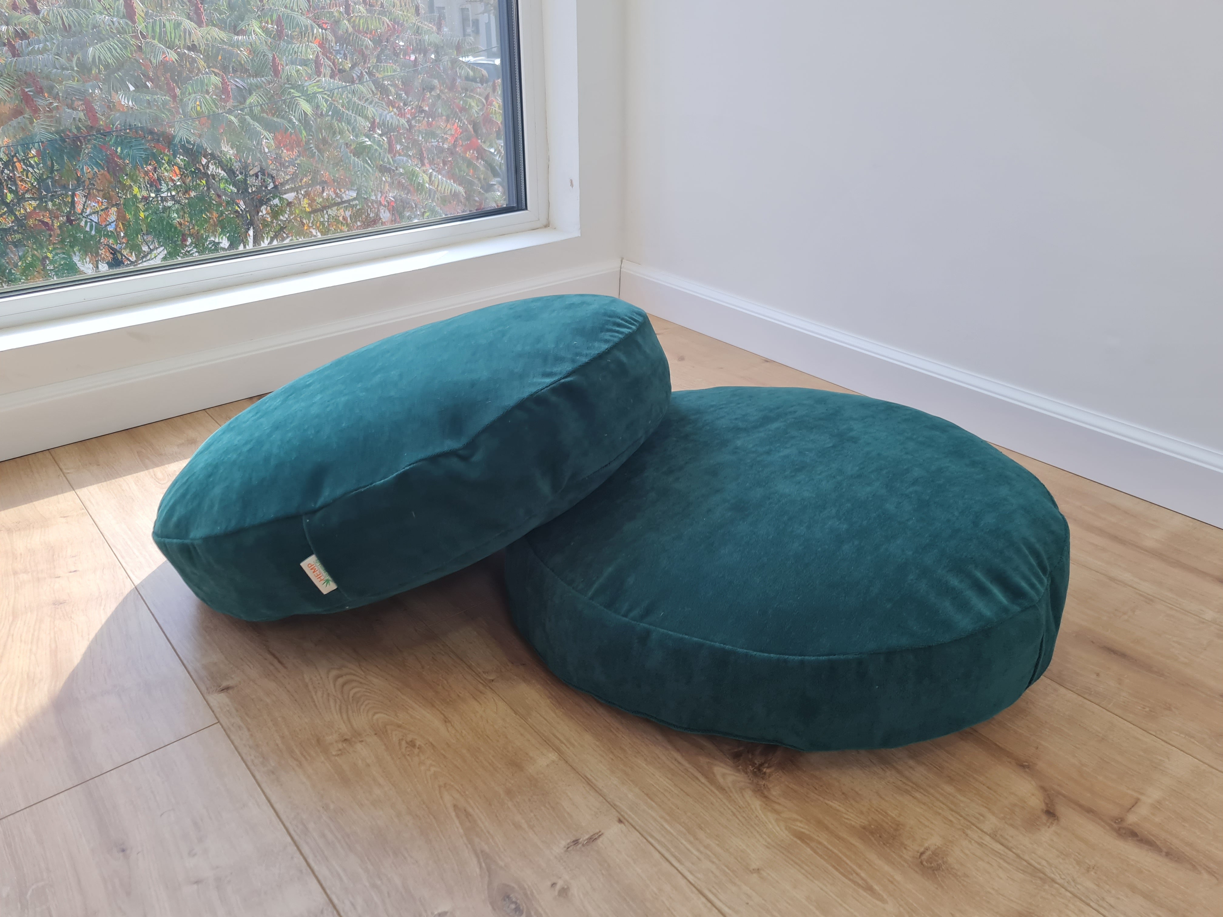 Round Hemp Cushion with Removable Green Velvet Cotton Cover Hemp Fiber Filling in Italian velvet fabric Floor cushion pillow custom made