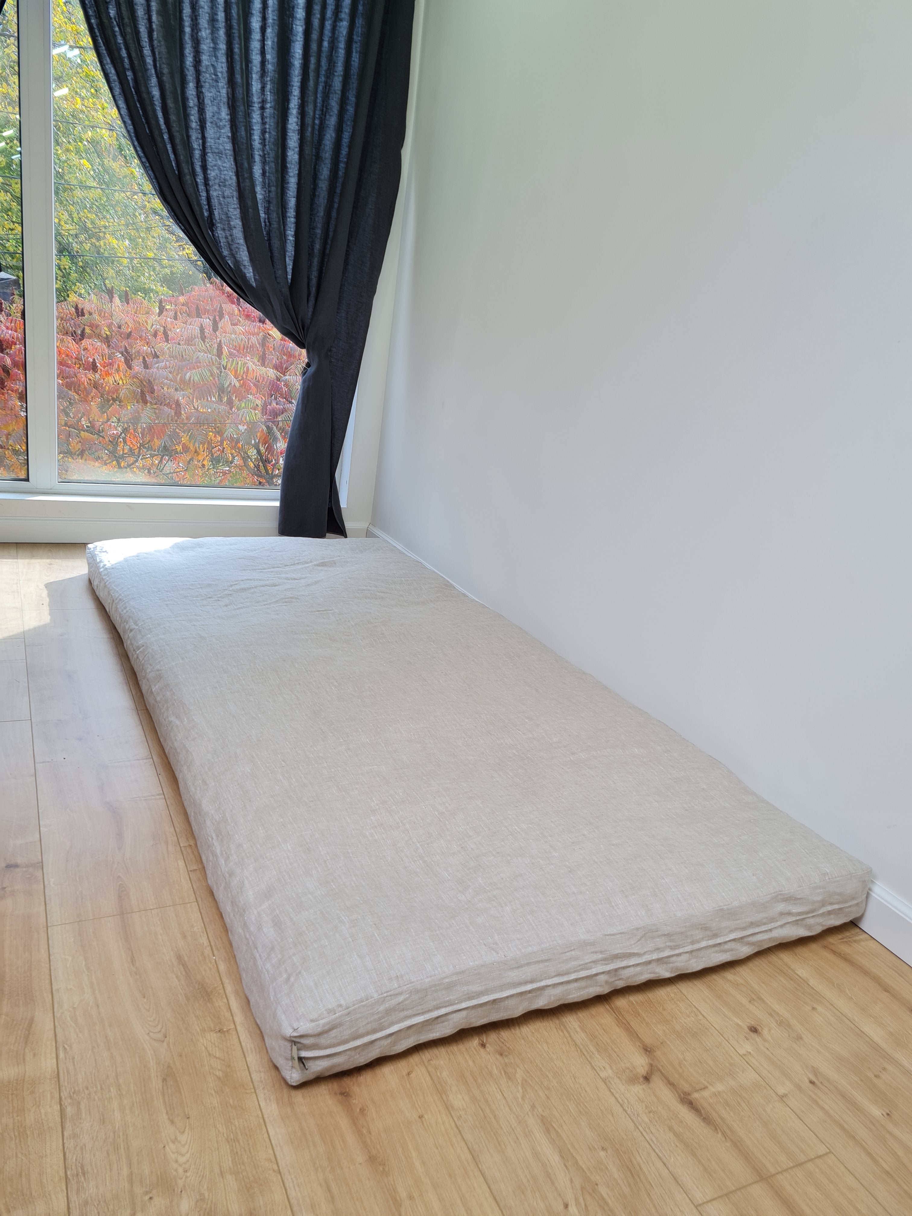 Linen Cover with zipper for shikibuton 3" thik in Grey Undyed Unbleached Natural Linen Fabric Queen Full, Twin, King Custom size