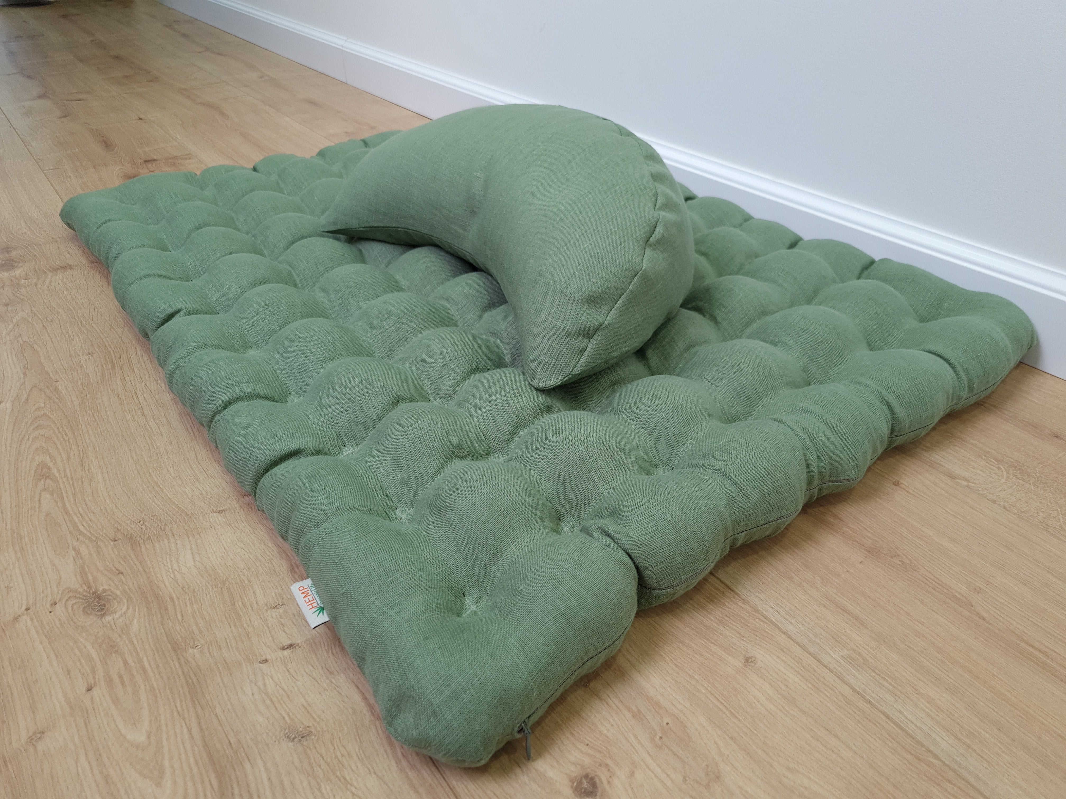 Set of linen meditation olive Cresсent cushion + mat floor cushion 23" x 35" filled with buckwheat hulls