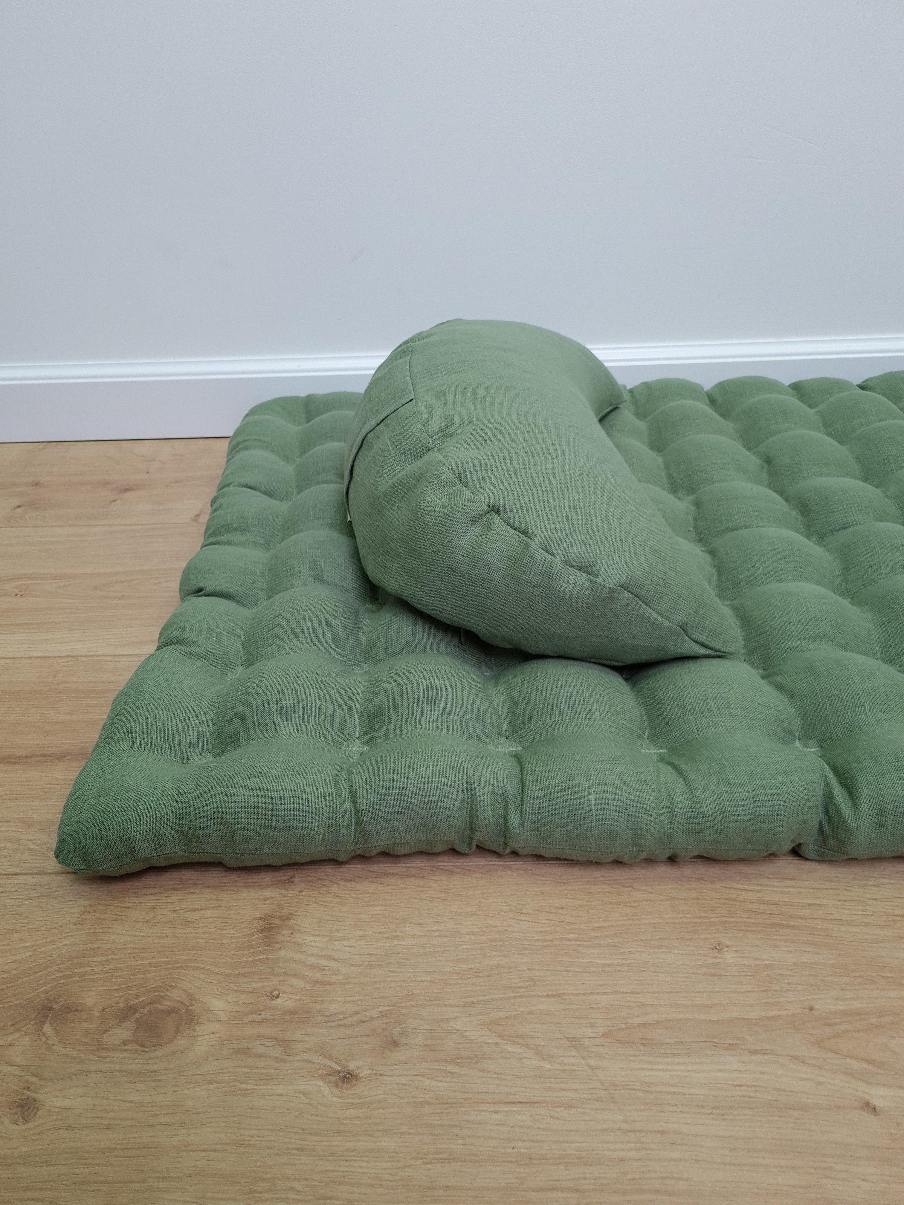 Set of linen meditation olive Cresсent cushion + mat floor cushion 23" x 35" filled with buckwheat hulls