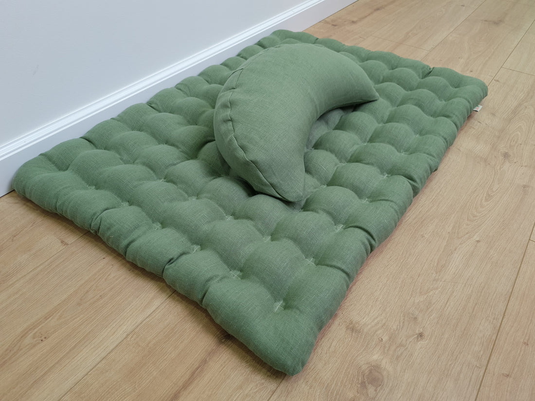 Set of linen meditation olive Cresсent cushion + mat floor cushion 23" x 35" filled with buckwheat hulls