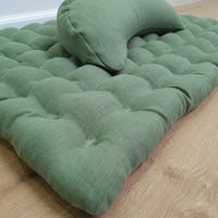 Set of linen meditation olive Cresсent cushion + mat floor cushion 23" x 35" filled with buckwheat hulls