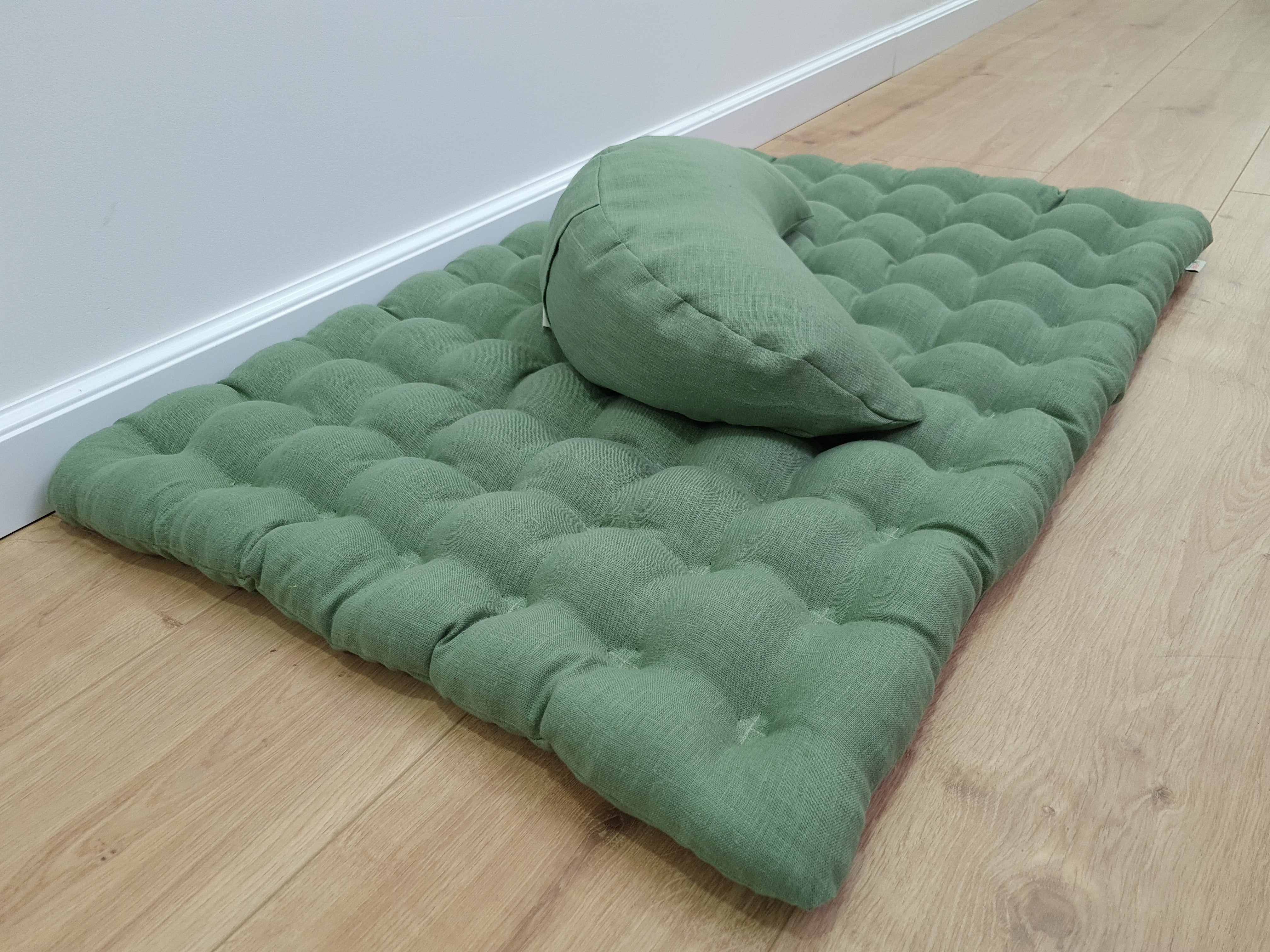 Set of linen meditation olive Cresсent cushion + mat floor cushion 23" x 35" filled with buckwheat hulls