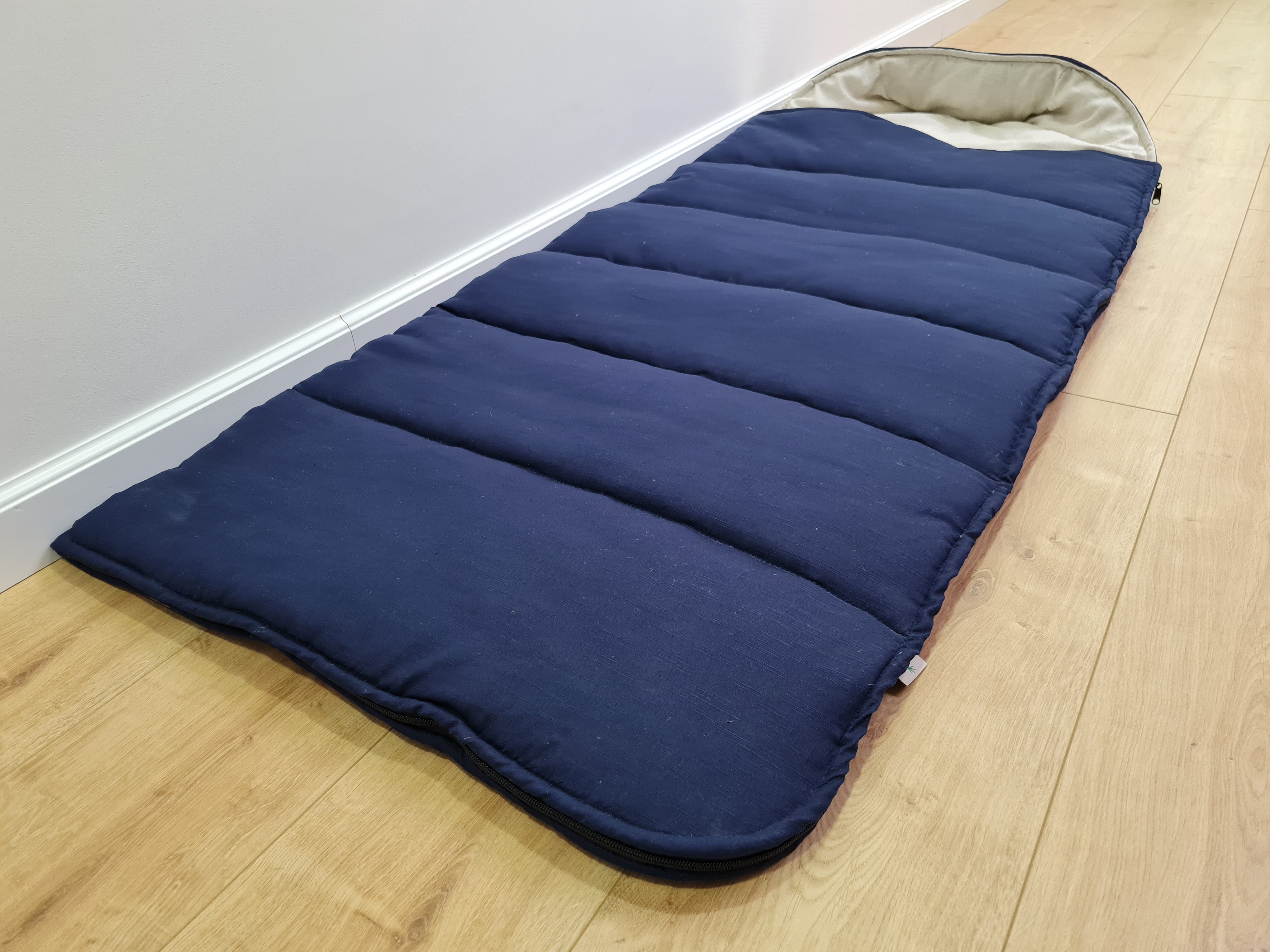 Natural Kids HEMP Linen Sleeping Bag with Hood in dark blue School Nap mat for Kids, camping van sleeping bag organic hemp fiber filling