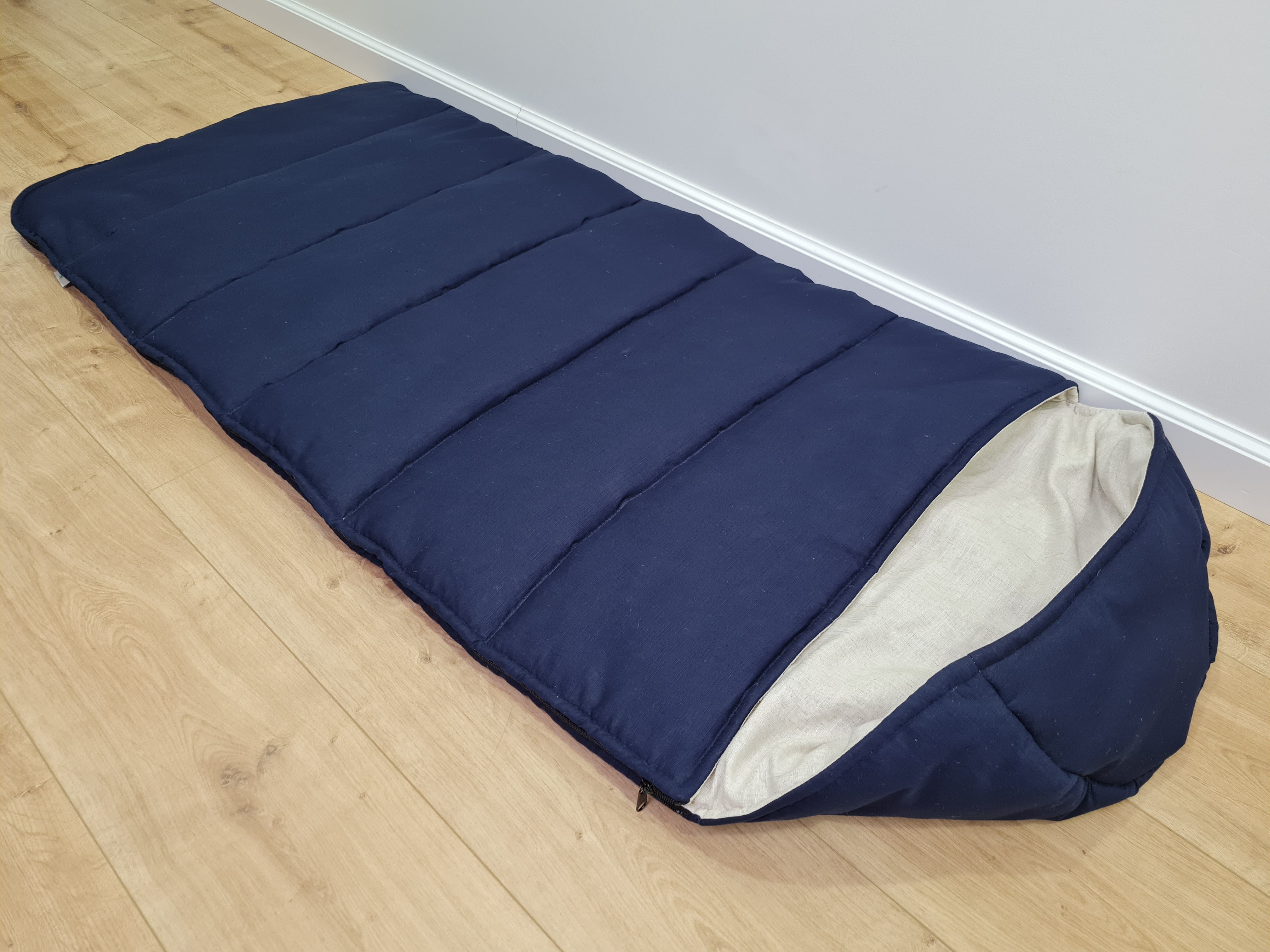 Natural Kids HEMP Linen Sleeping Bag with Hood in dark blue School Nap mat for Kids, camping van sleeping bag organic hemp fiber filling