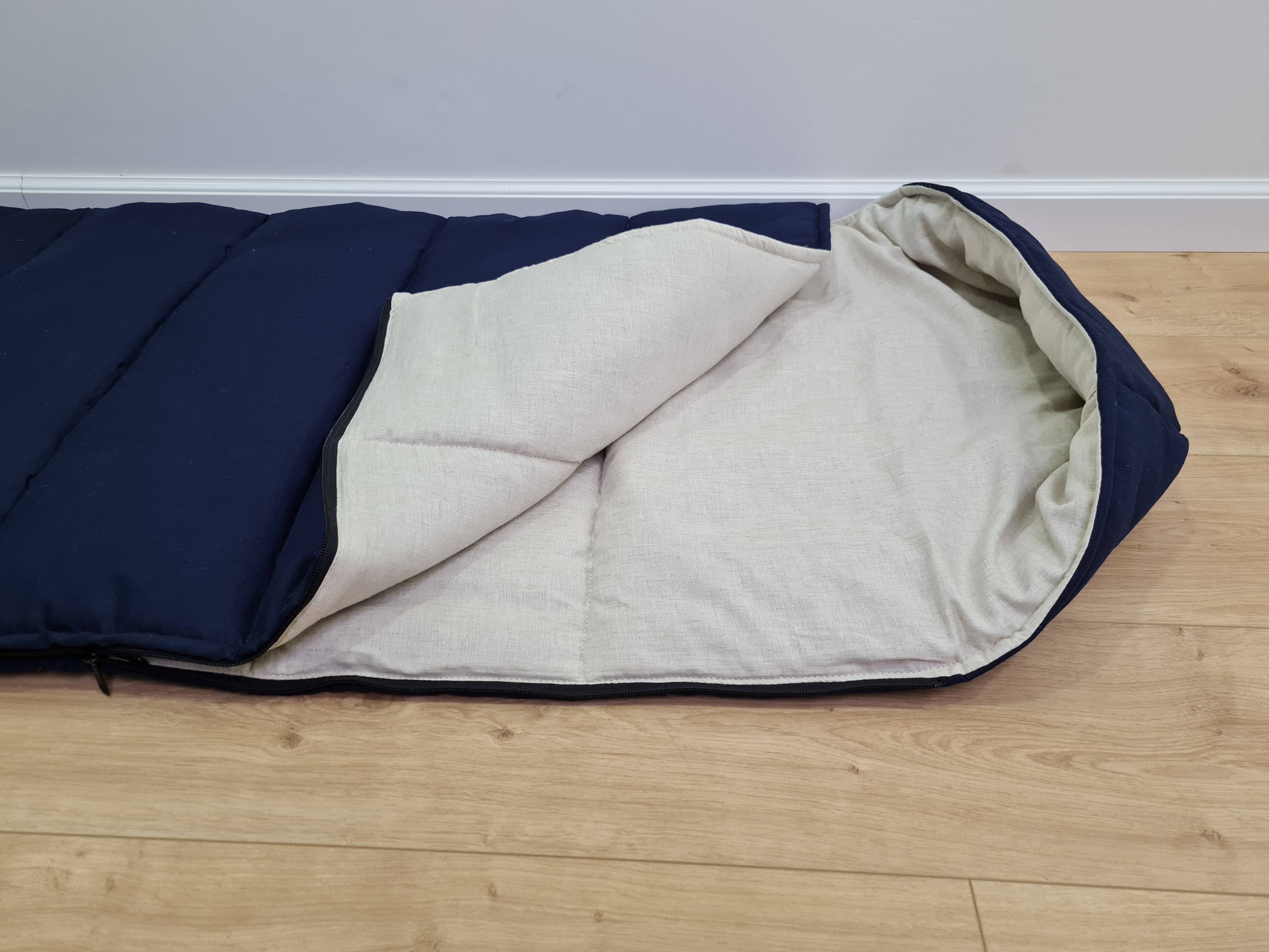 Natural Kids HEMP Linen Sleeping Bag with Hood in dark blue School Nap mat for Kids, camping van sleeping bag organic hemp fiber filling