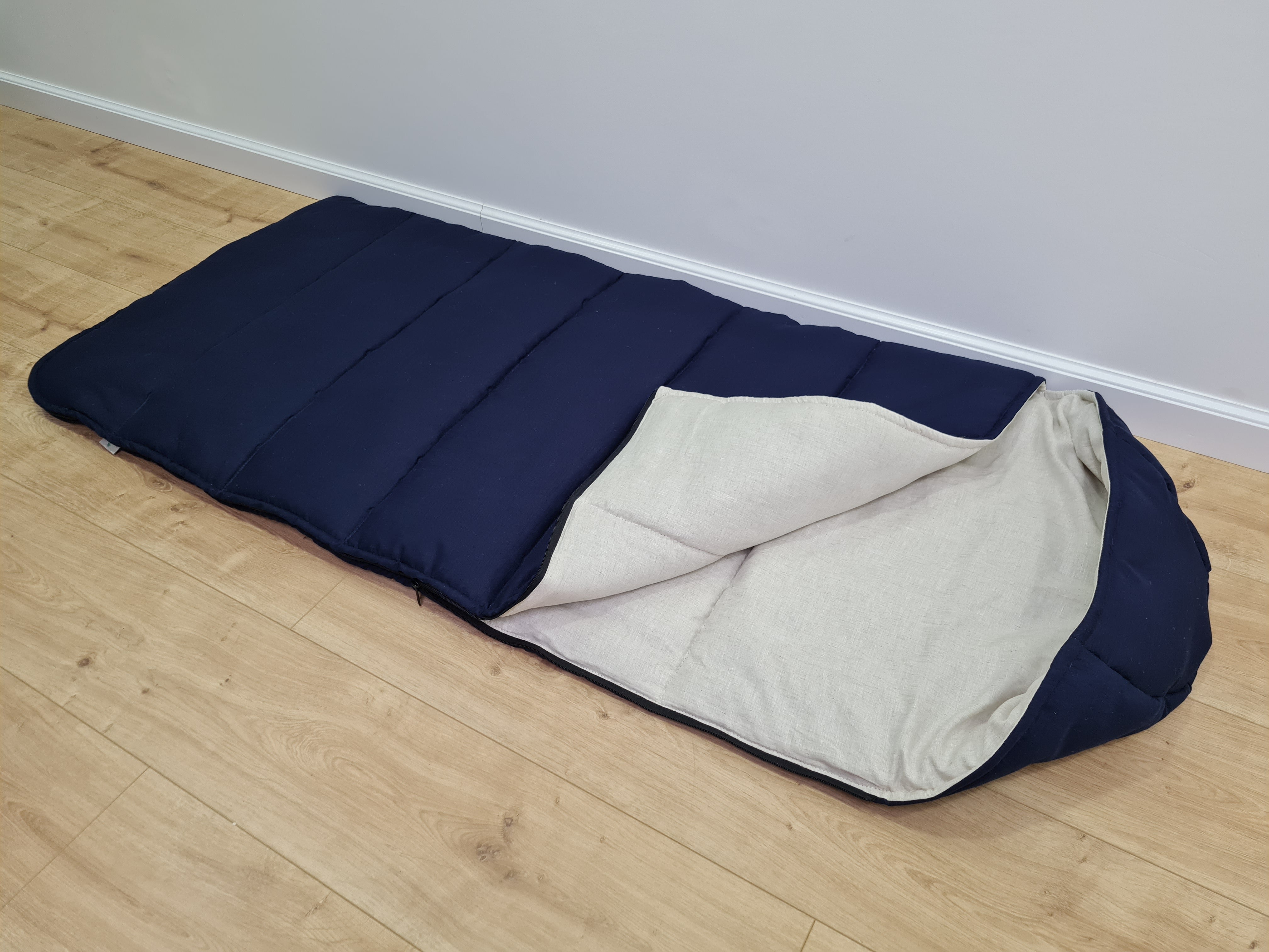 Natural Kids HEMP Linen Sleeping Bag with Hood in dark blue School Nap mat for Kids, camping van sleeping bag organic hemp fiber filling