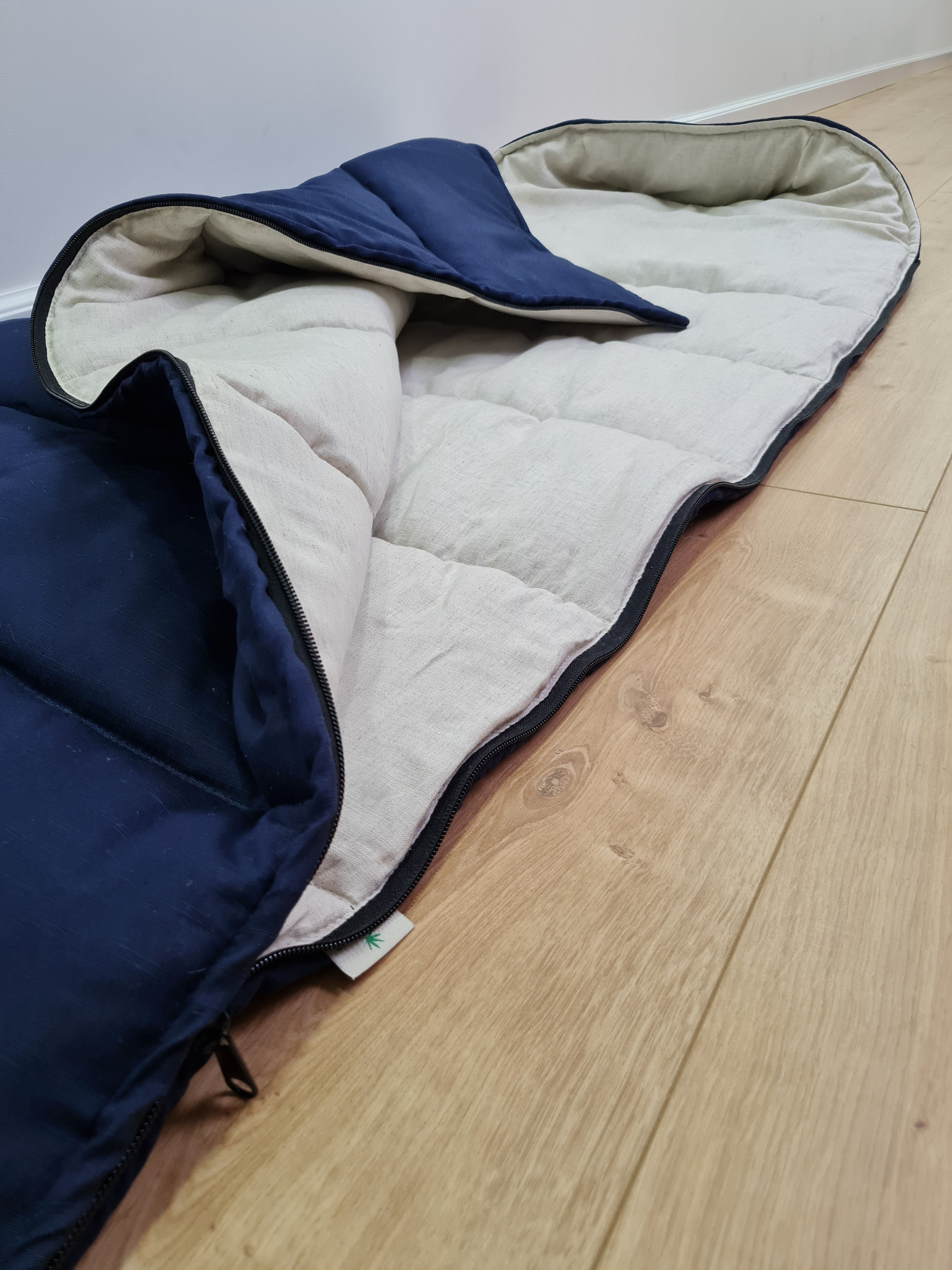 Natural Kids HEMP Linen Sleeping Bag with Hood in dark blue School Nap mat for Kids, camping van sleeping bag organic hemp fiber filling
