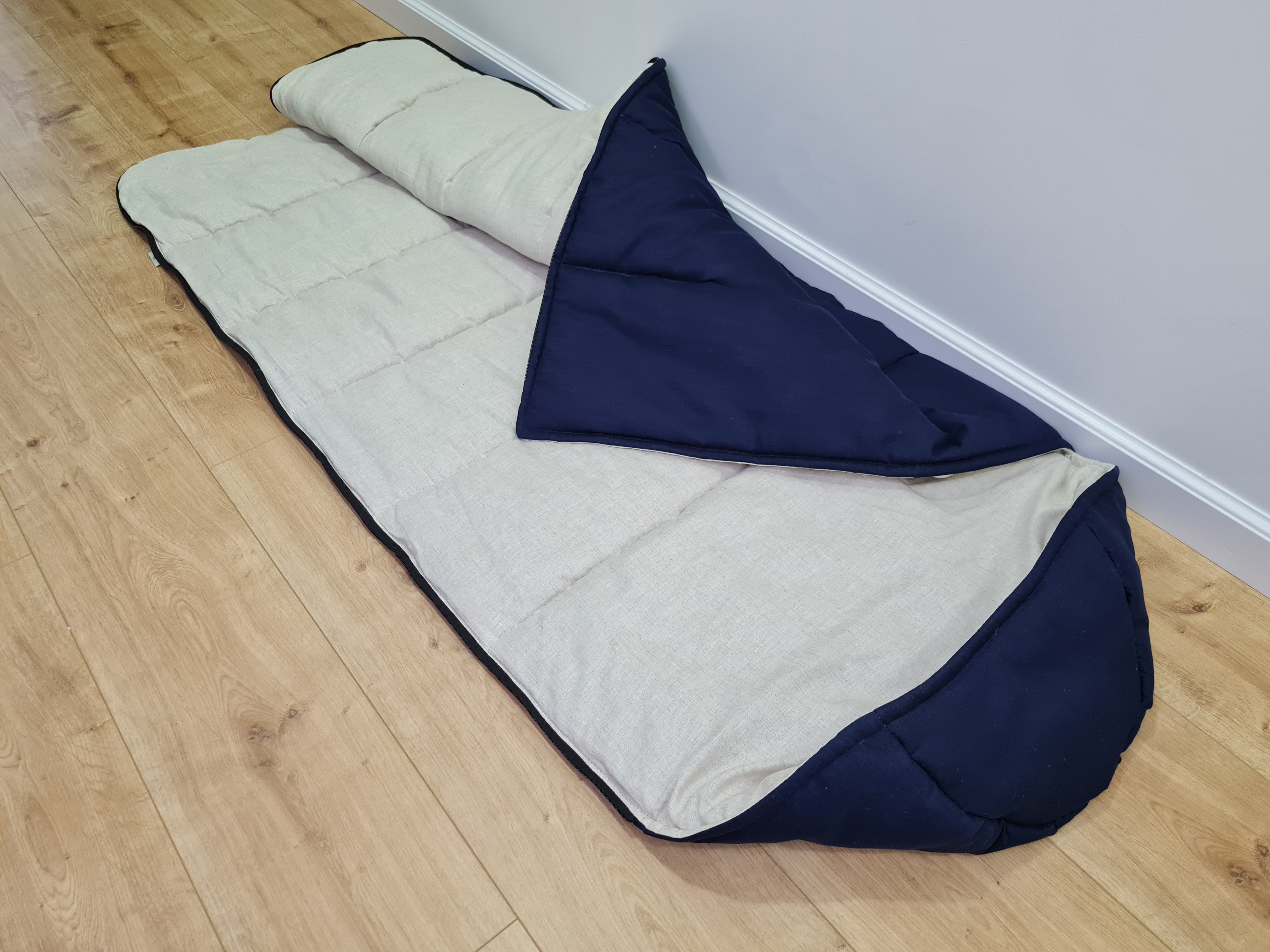 Natural Kids HEMP Linen Sleeping Bag with Hood in dark blue School Nap mat for Kids, camping van sleeping bag organic hemp fiber filling