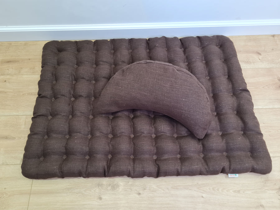 Set of linen meditation brown Crescent cushion + mat floor cushion 23" x 35" filled with buckwheat hulls