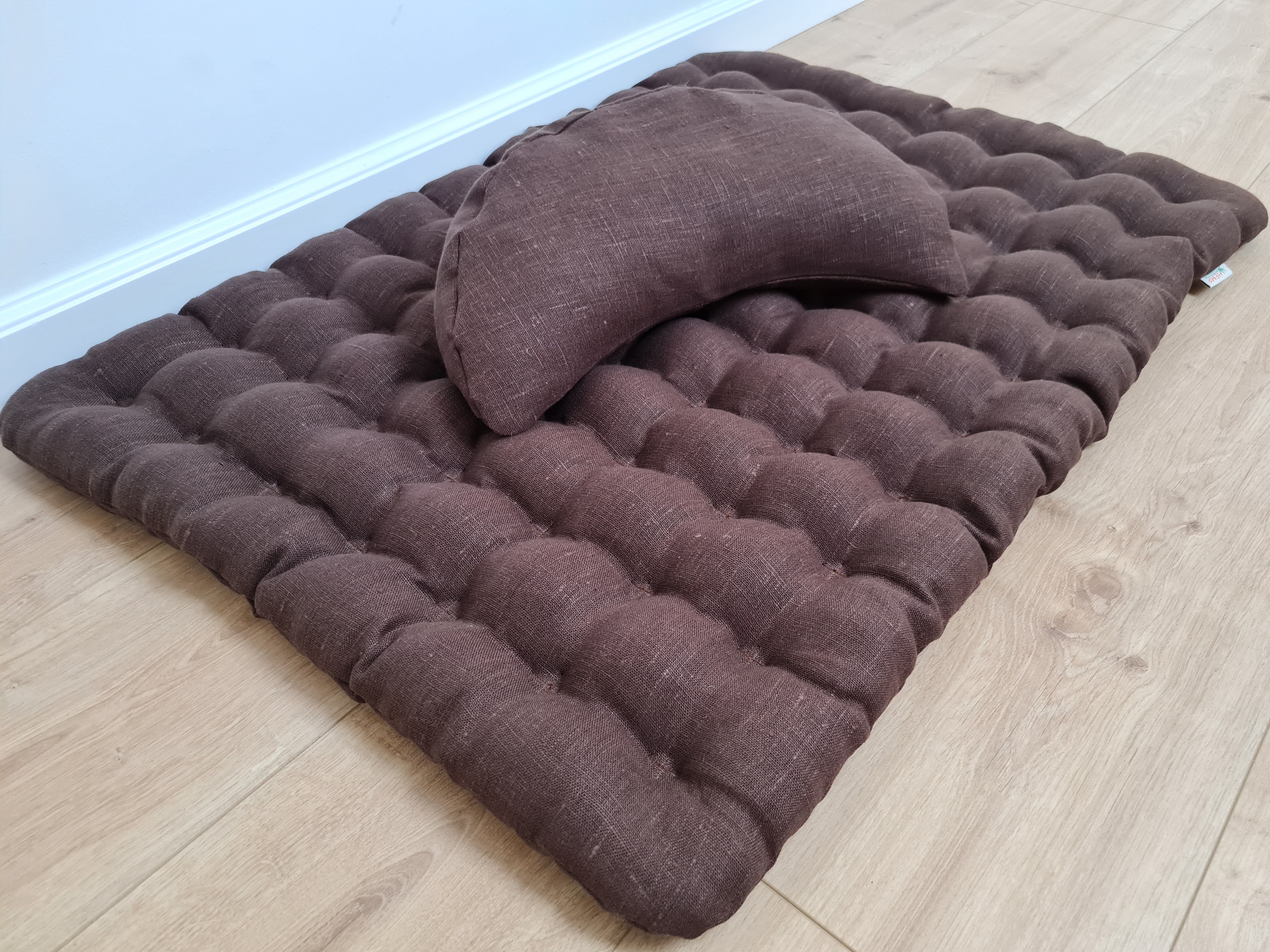 Set of linen meditation Crescent cushion + mat floor cushion 23" x 35" filled with buckwheat hulls