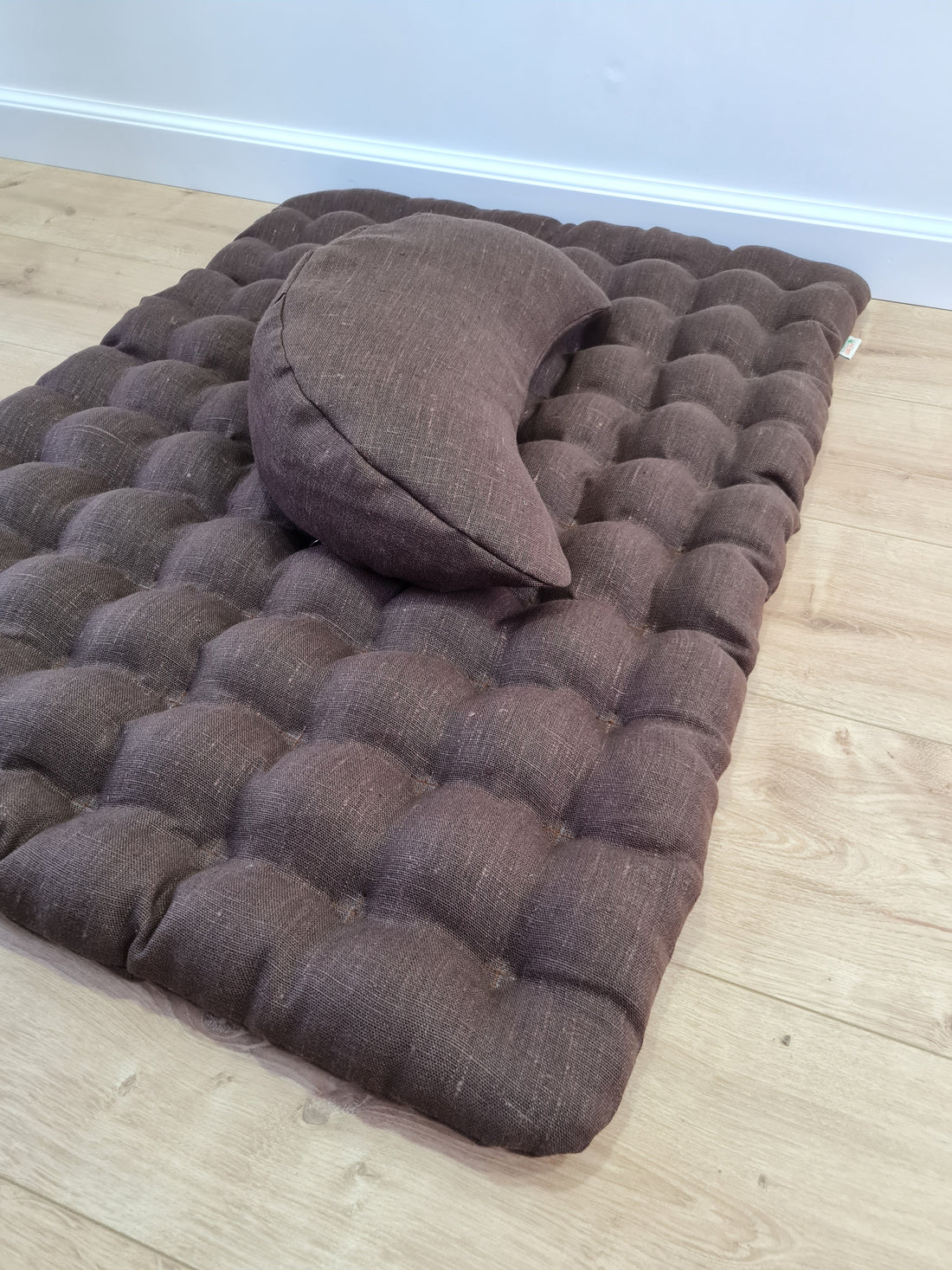 Set of linen meditation Crescent cushion + mat floor cushion 23" x 35" filled with buckwheat hulls