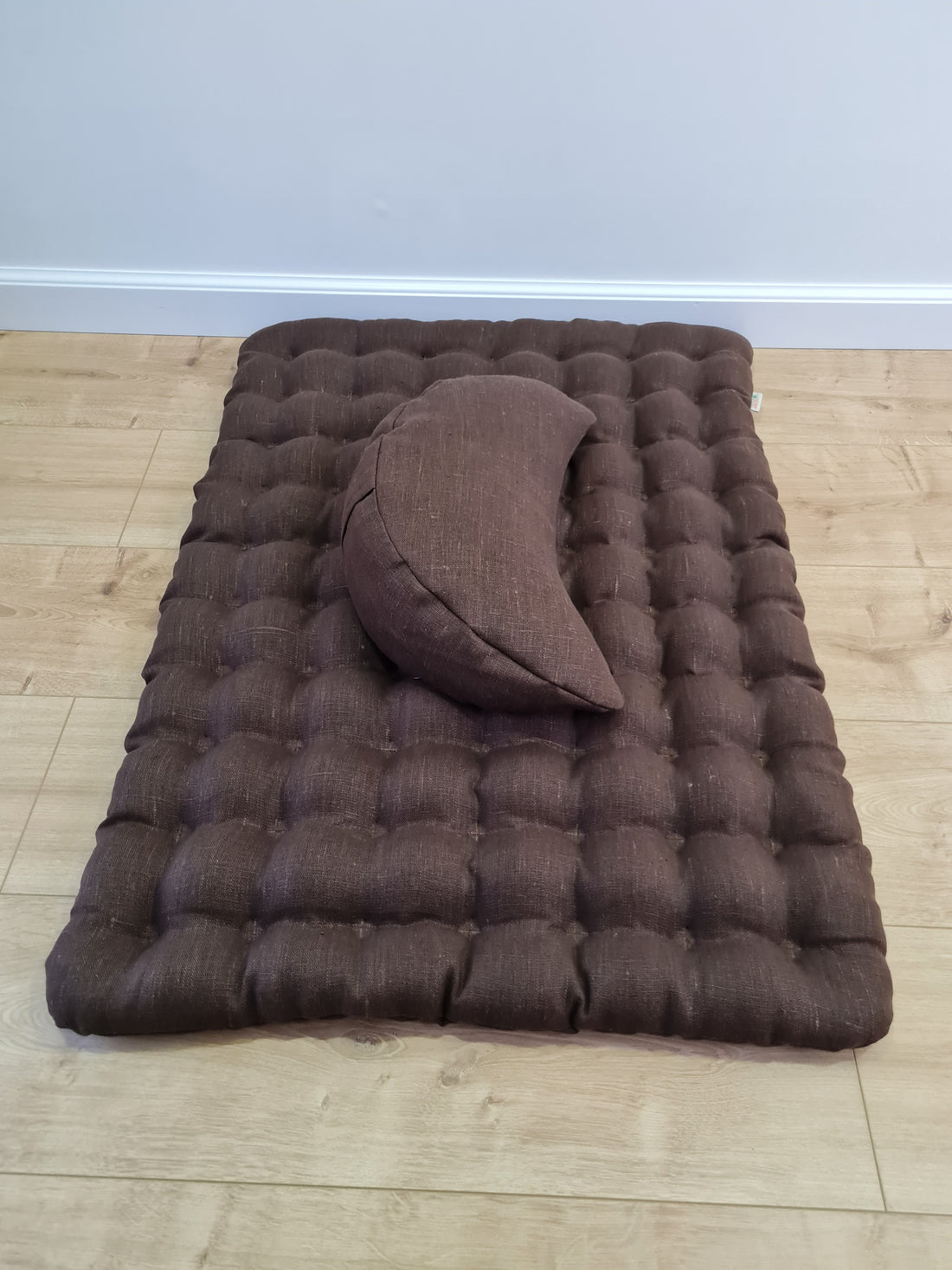 Set of linen meditation Crescent cushion + mat floor cushion 23" x 35" filled with buckwheat hulls