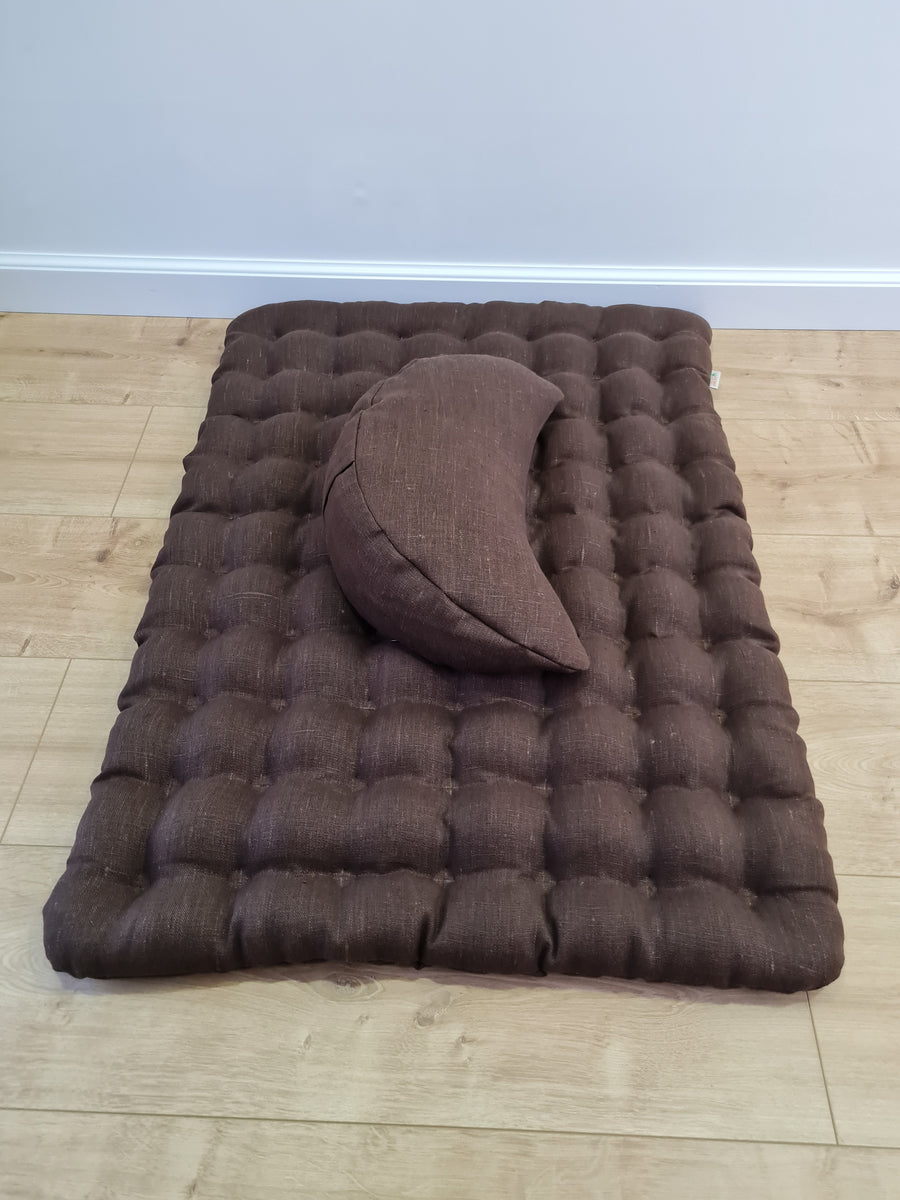 Set of linen meditation Crescent cushion + mat floor cushion 23" x 35" filled with buckwheat hulls