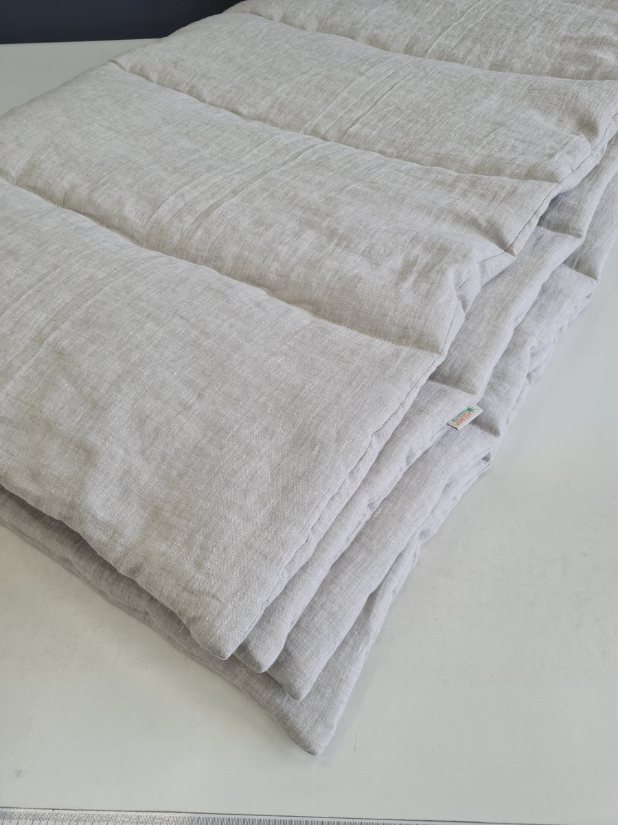 Winter Organic HEMP + FLAX blanket 400 g / m2 in natural undyed linen fabric grey shade with filler created from organic Hemp fiber