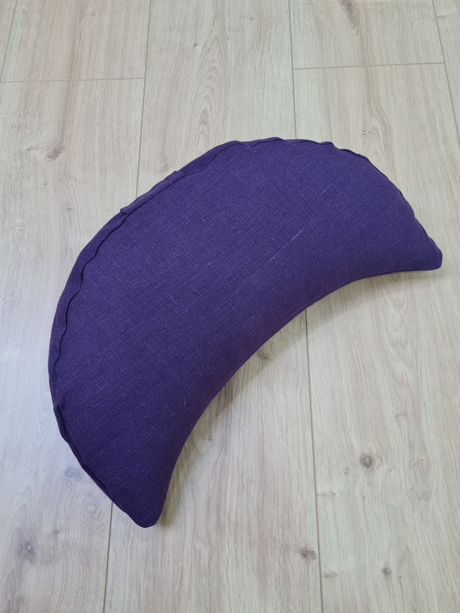 Purple linen meditation Crescent cushion filled with buckwheat hulls gift for him Yoga support pillow