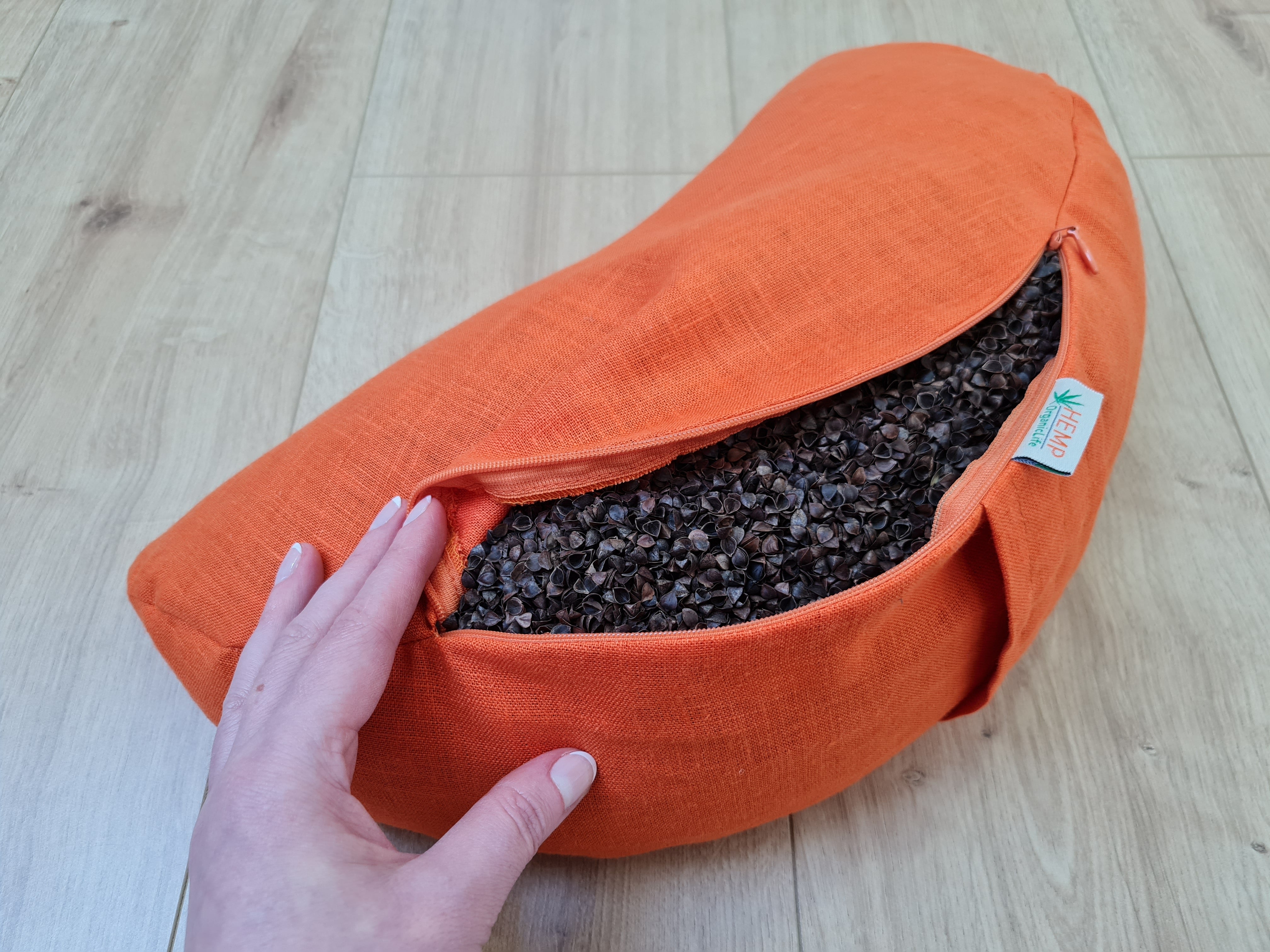 Linen Meditation Cresсent cushion "Fresh Orange" filled with Buckwheat Hulls