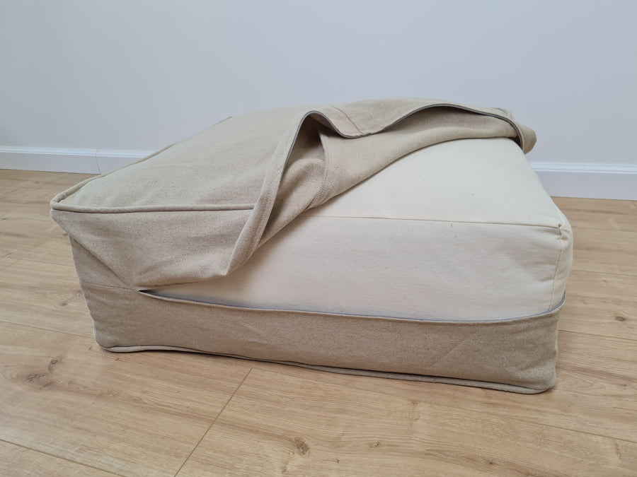 Unique HEMP Floor Cushion Marogan filled organic Hemp Fiber with removable Cover with zipper in natural linen fabric couch settee ottoman