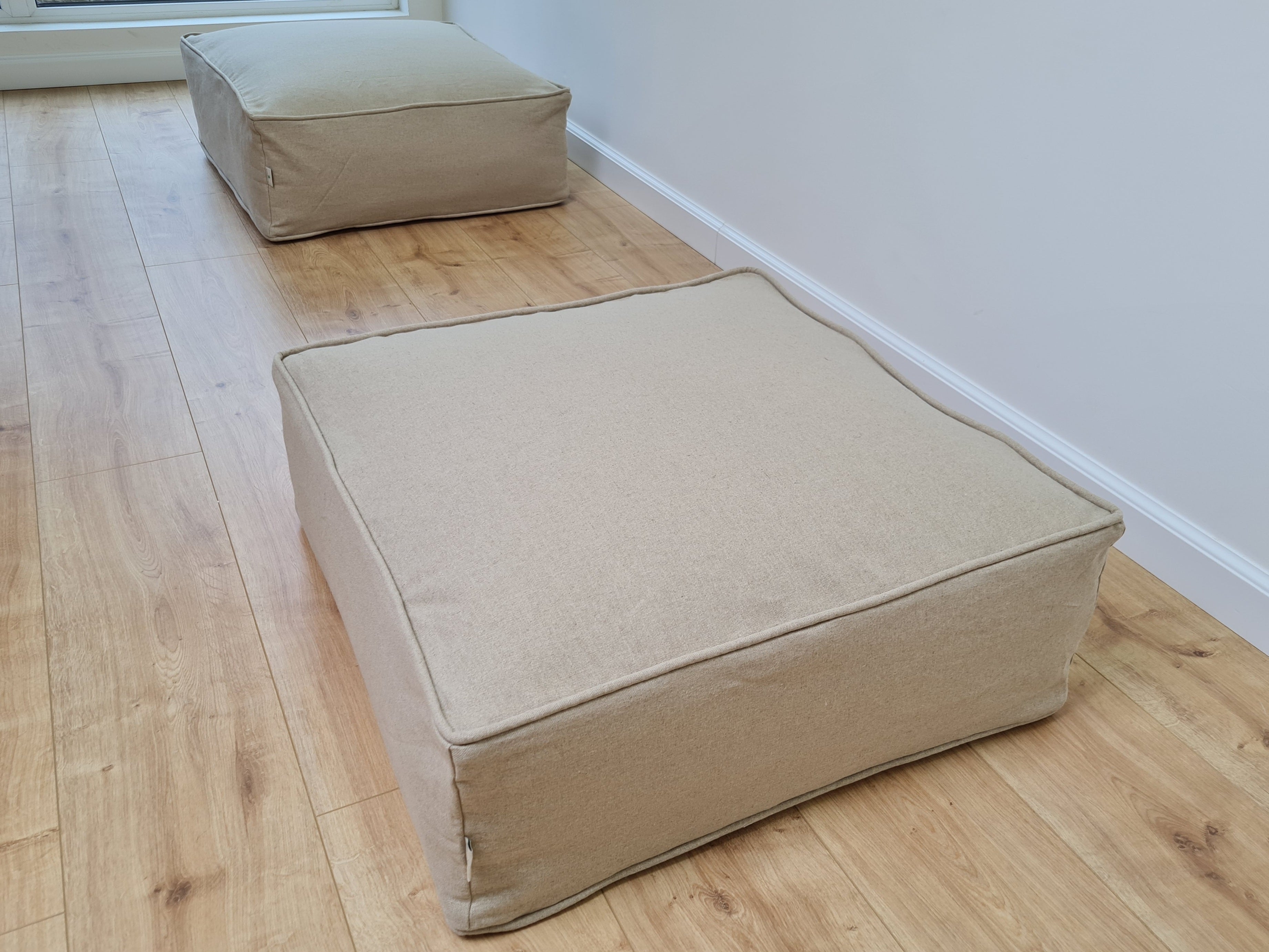 Unique HEMP Floor Cushion Marogan filled organic Hemp Fiber with removable Cover with zipper in natural linen fabric couch settee ottoman