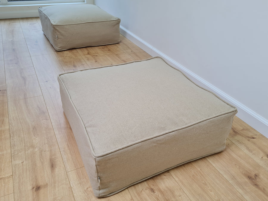 Unique HEMP Floor Cushion Marogan filled organic Hemp Fiber with removable Cover with zipper in natural linen fabric couch settee ottoman