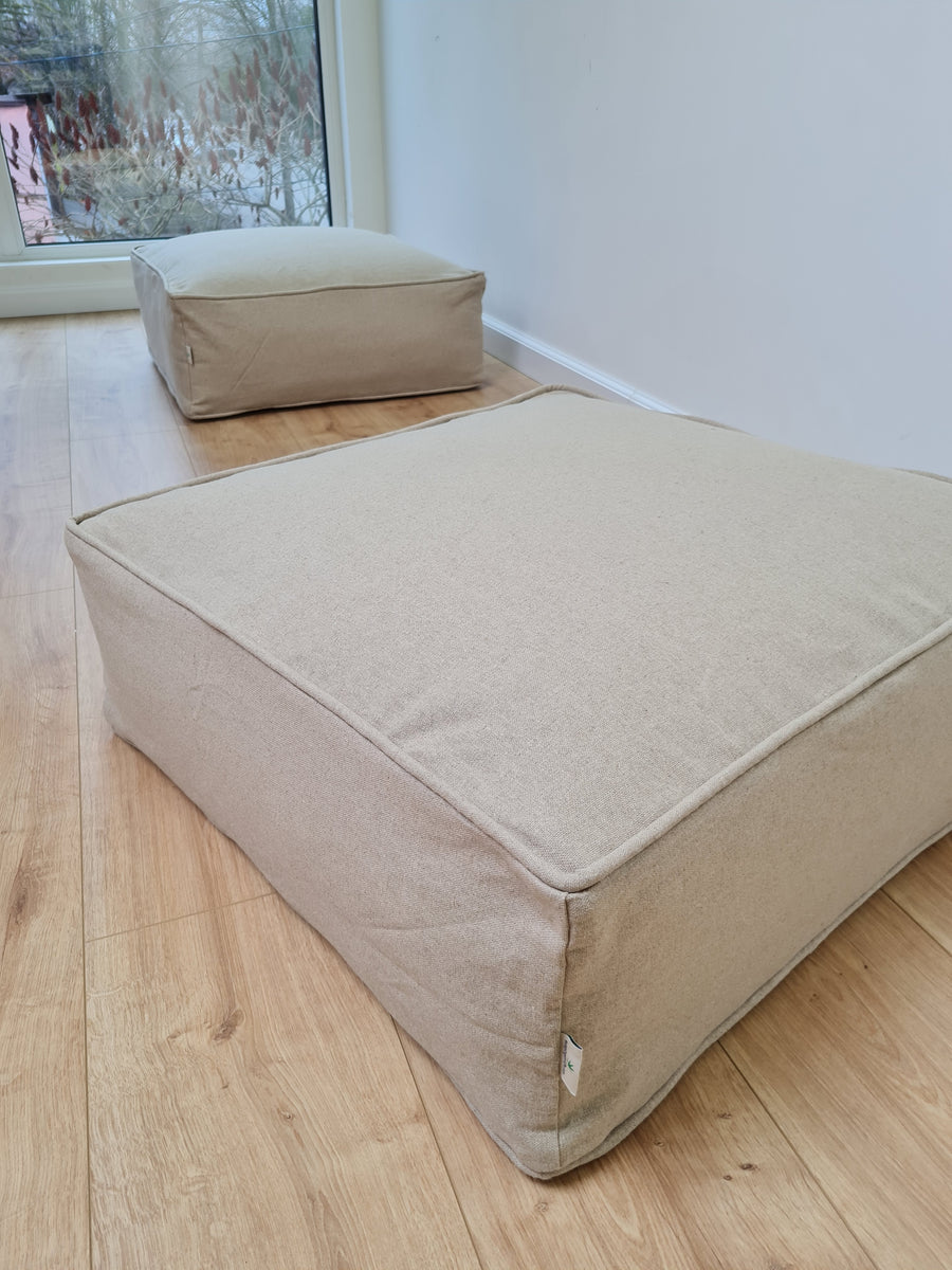 Unique HEMP Floor Cushion Marogan filled organic Hemp Fiber with removable Cover with zipper in natural linen fabric couch settee ottoman